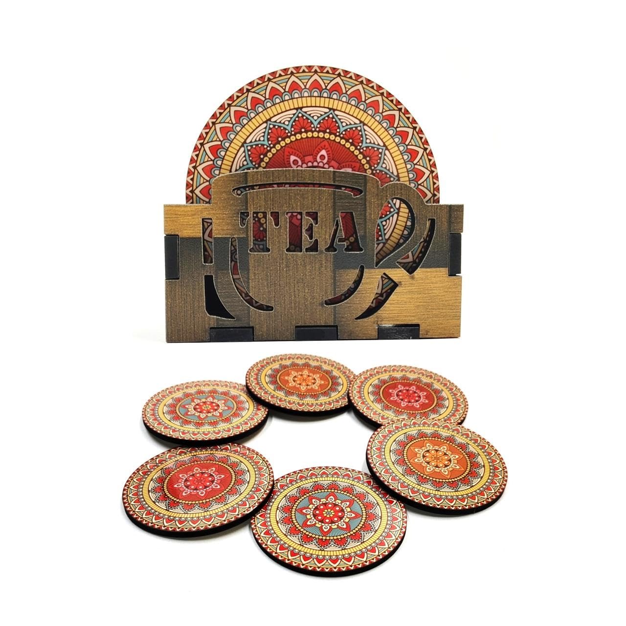 Woodkey Wooden Mandala Coaster Set with Stand ? Ideal for Tea Cups, Coffee Mugs, and Glasses (6 Pcs, 3.5x3.5 Inch)-image-44