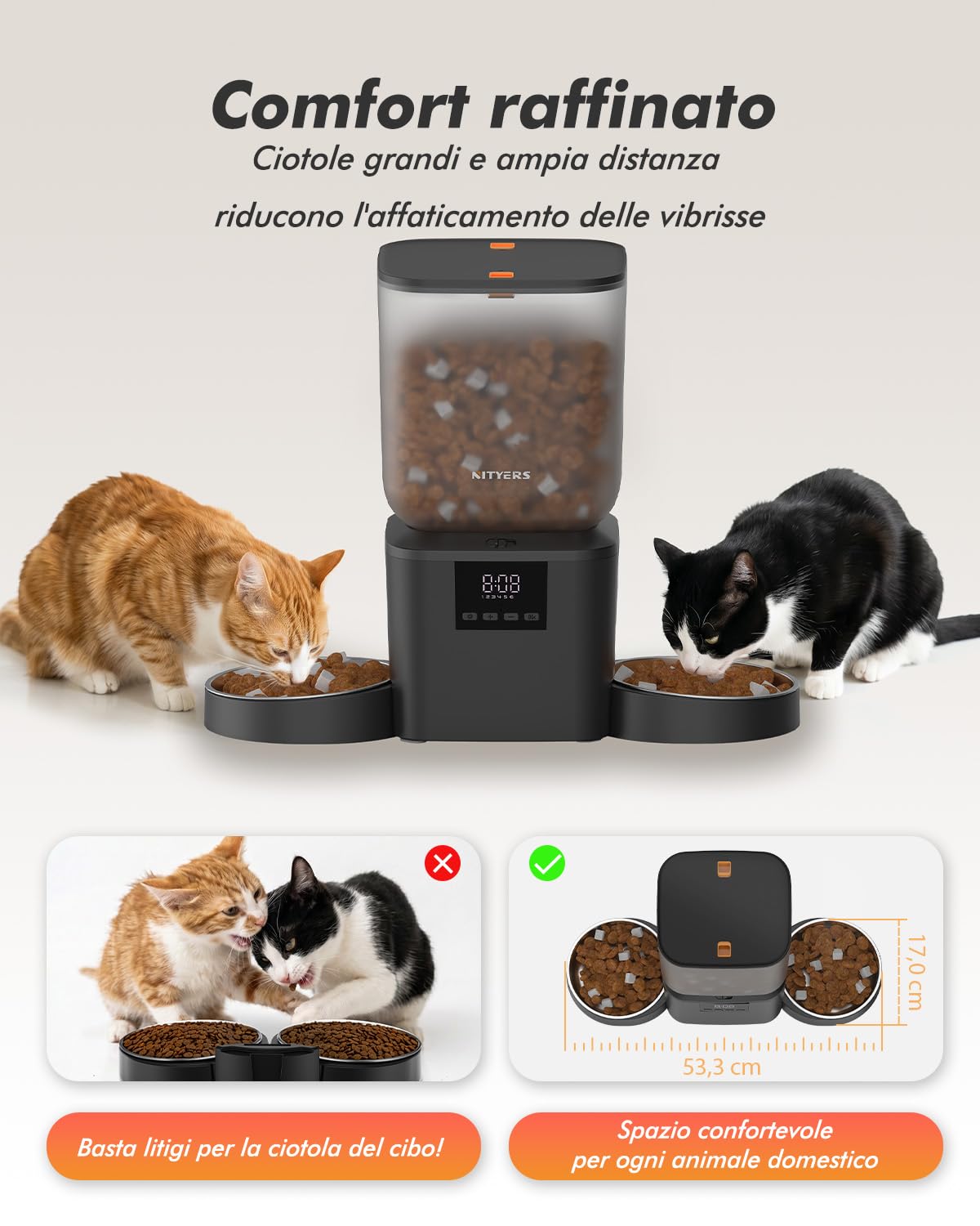 Distributore automatico cibo gatti con 2 ciotole, capacità 8L | croccantini fino a 18mm, senza blocchi, ciotole in acciaio inox, facile da pulire, doppia alimentazione, per più gatti e cani