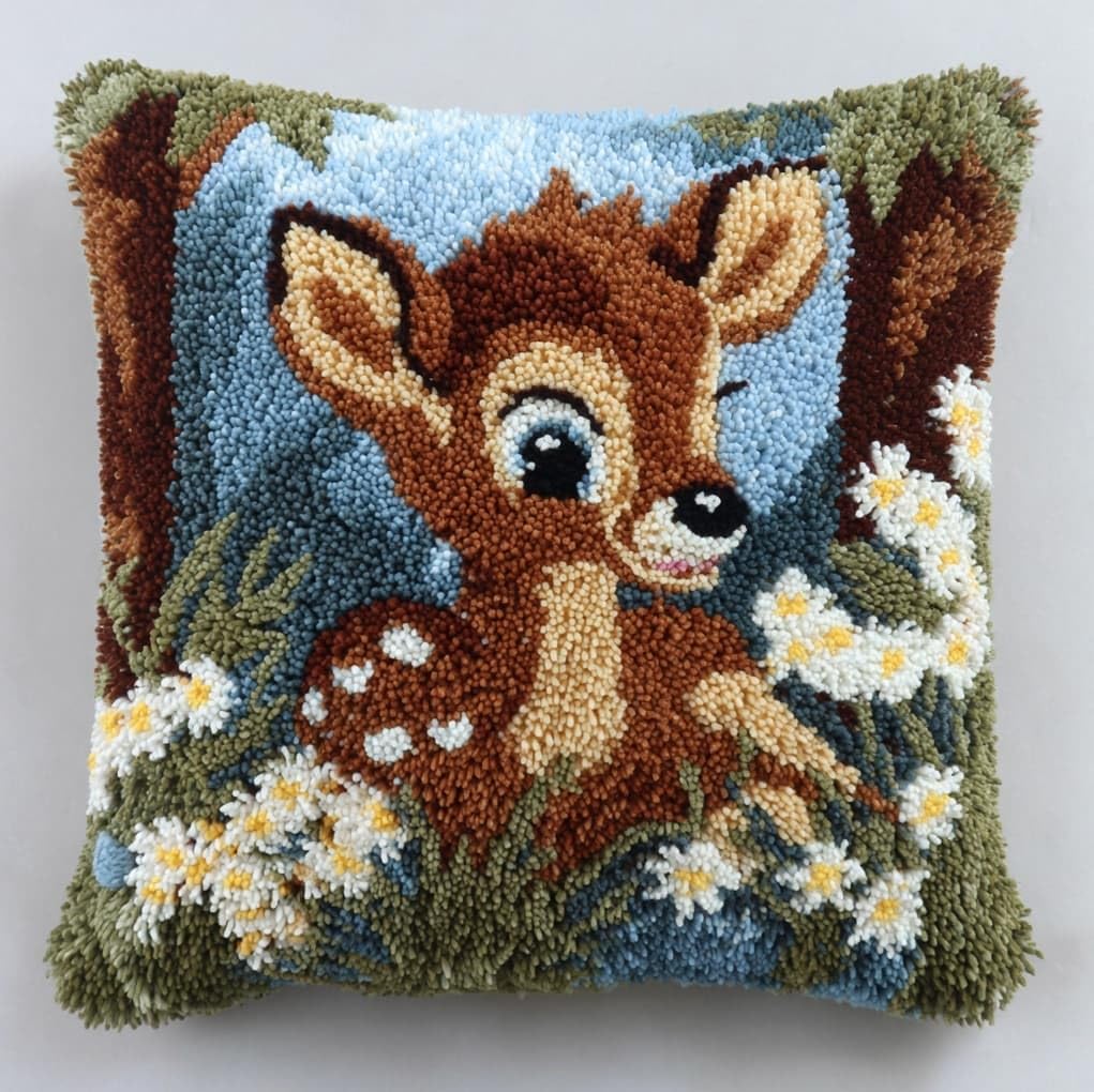 WallustrioaW Latch Hook Kit Cushion,Deer in the Forest,Latch Hook Kit DIY Pillow Materials Package Embroidery Cross Stitch Gifts,17x17in