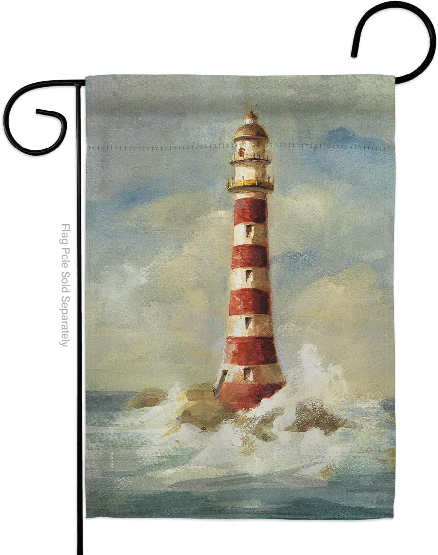 Lighthouse by the Sea Garden Flag Set Wood Dowel Coastal Nautical Anchor Sailor Shells Outdoor Summer Ocean Small Decorative Gift Yard House Banner Made In USA 13 X 18.5
