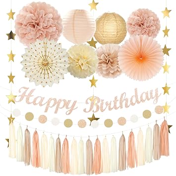 Champagne Pink Happy Birthday Decorations, Happy Birthday Banner, Paper Flowers, Lanterns, Fans, Gold Satr, Circle Dots Tassels Garland for Anniversary Baby Shower Boho Birthday Party Supplies