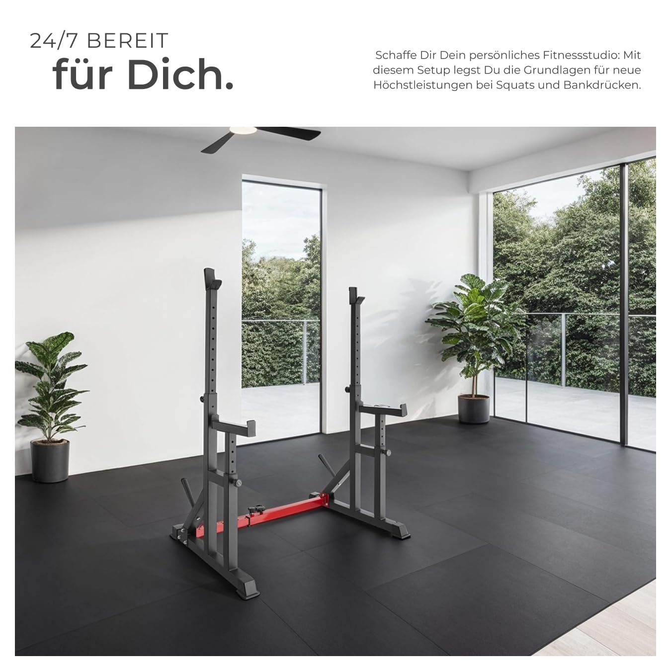 tectake® Squat Rack, Höhe und Breite verstellbare Langhantelablage, Kniebeugenständer mit Sicherheitsablage und Scheibenständer, Langhantelständer für Zuhause Fitness Training Home Gym