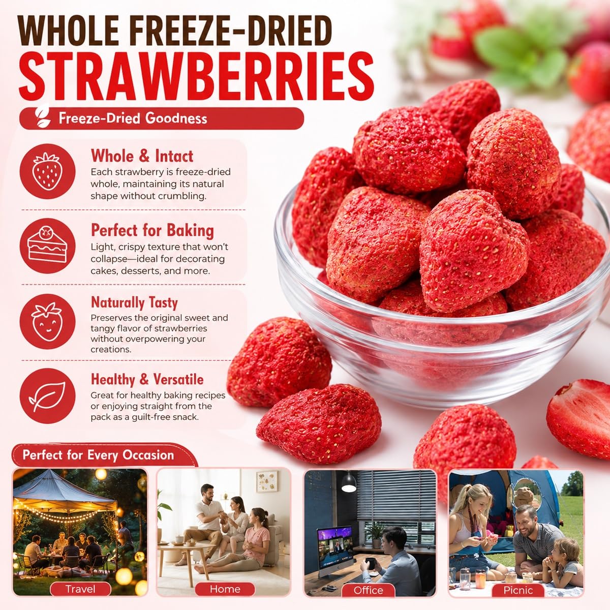 Fresas Enteras Liofilizadas 300g - Fruta Deshidratada Natural Sin Azúcar Añadida Botana Crujiente Para Repostería Yogur