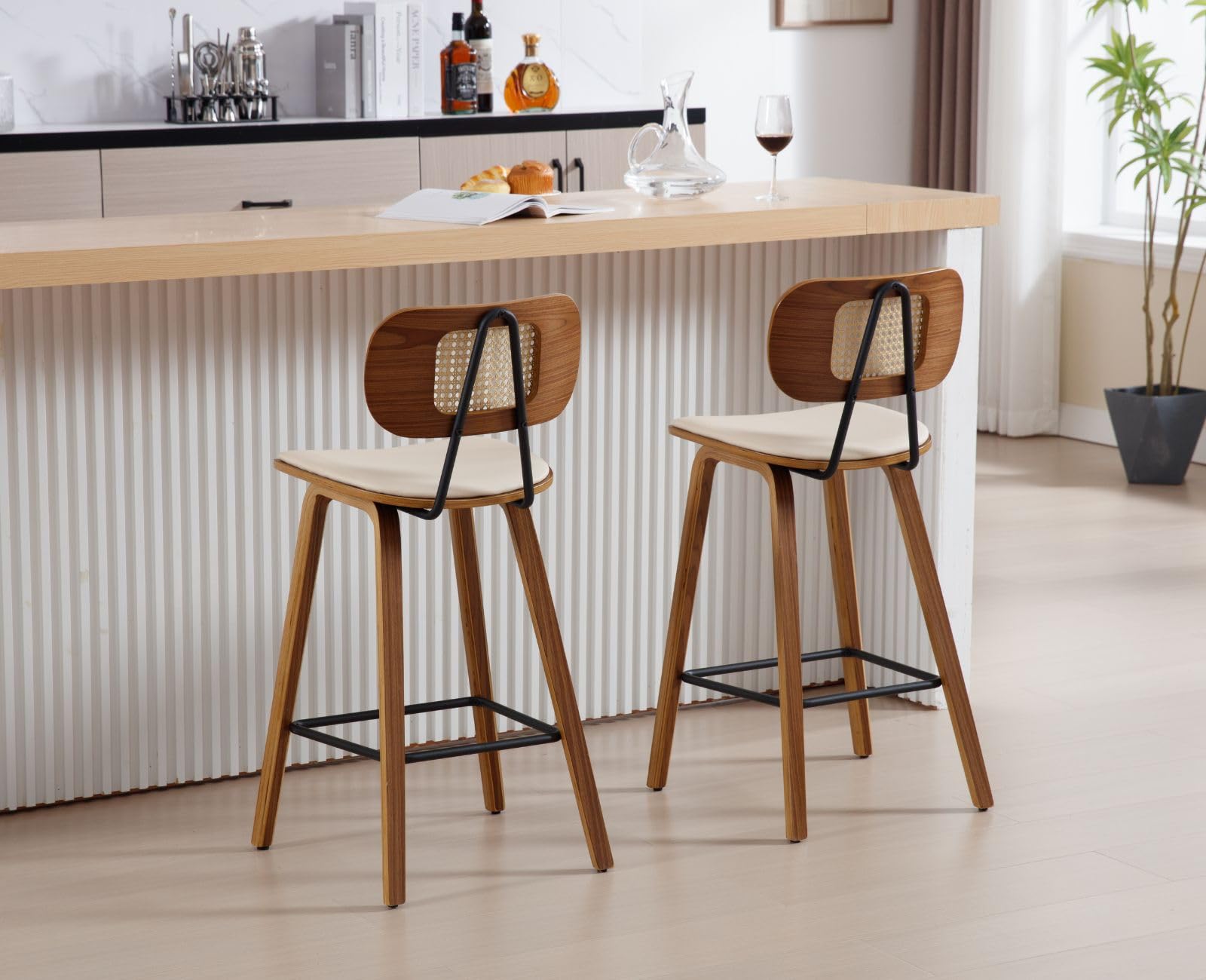 Ya-Home Juego de 2 Taburetes Altos de Cocina Modernos con Respaldo Rattán,Taburetes de Bar Tapizando en Cojín de PU, Sillas Altas de Mostrador con Patas de Madera para Hogar/Restaurante
