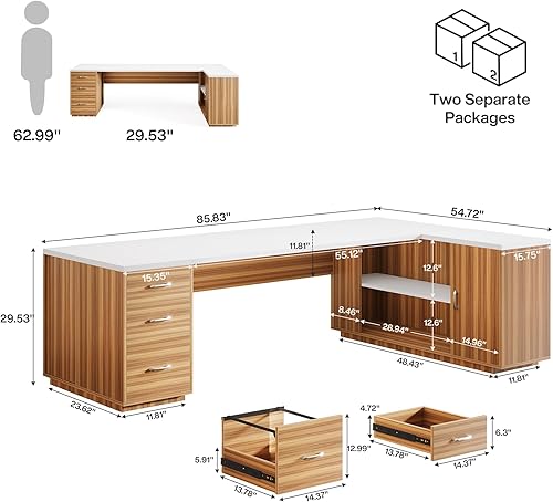 Vista 2 de Tribesigns Escritorio ejecutivo en forma de L de 85.8 pulgadas, escritorio de oficina extragrande con cajones de archivos, muebles modernos