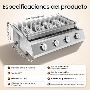 Indoor/Outdoor Gas Grill with Grid, Small 4 Burners Stainless Steel Electric Grill, Portable BBQ, Tabletop Barbecue Stove - Options for Cookouts, Barbecues, Small Spaces, Silver
