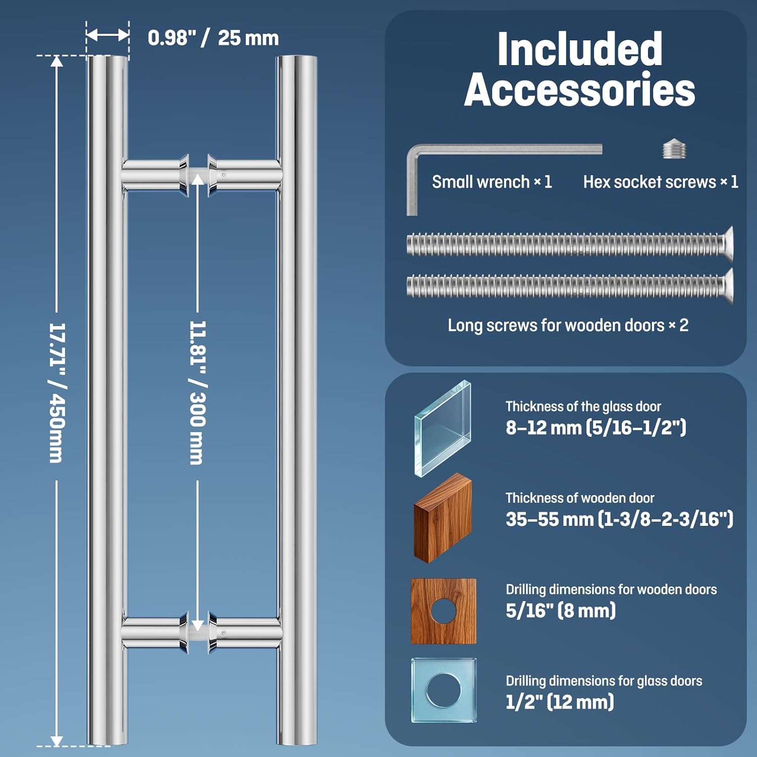 Ranbo Ladder Style 18" Push Pull Door Handle,Back to Back, 300mm (11-13/16 inch) CTC, 304 Stainless Steel,for Barn Front Wood Shower Commercial Entrance Door,Polished Chrome