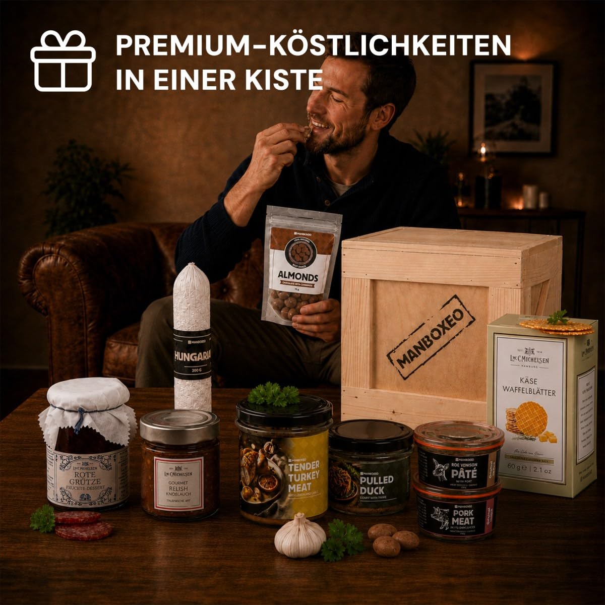 Manboxeo Signature Gourmet-Geschenkbox, 11-teiliges Geschenkset für Feinschmecker, Geburtstagsgeschenk für Männer mit ausgewählten Delikatessen und Gourmet-Spezialitäten