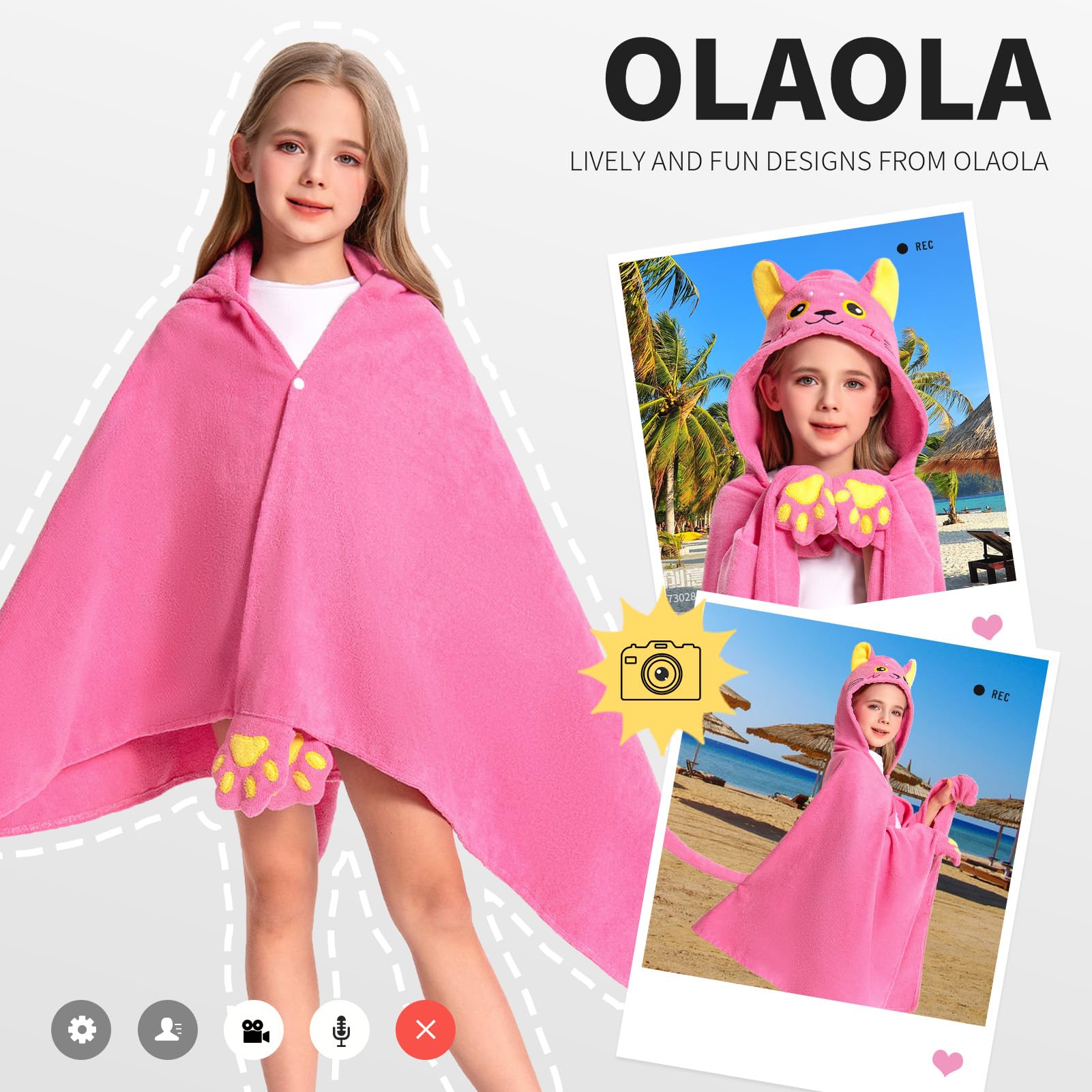 OLAOLA Kids Hooded Bath Towels, Soft Absorbent Beach Towel Swimming Wrap, Changing Robe Bath Poncho for Boys Girls 3-12 Years, Cat - Image 2