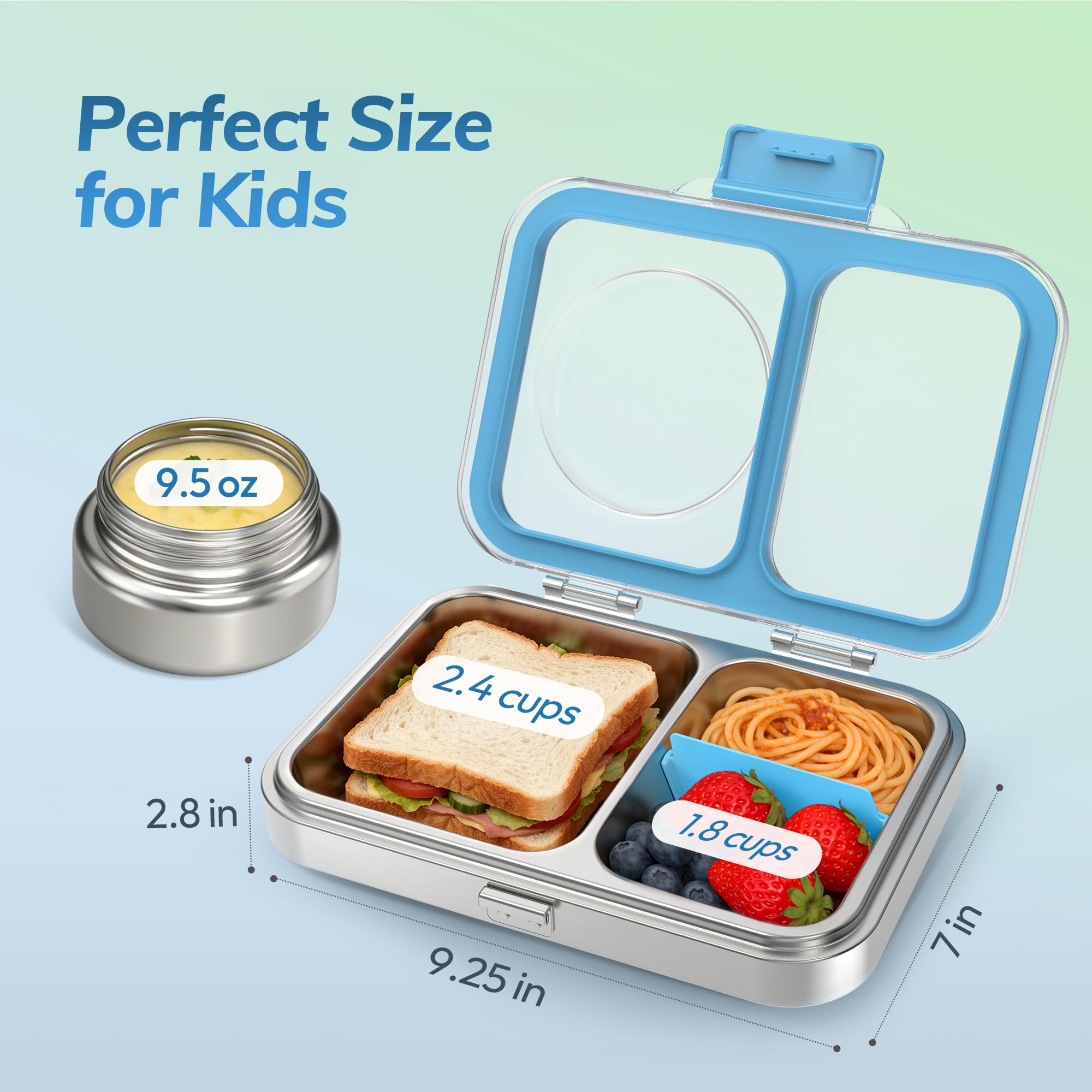 Itslife Brotdose Edelstahl mit 280ml Thermobehälter, 2 Fächern Auslaufsicherer Bento Box für Kinder und Erwachsene, Spülmaschinenfest, Tritan-Deckel, BPA-frei, 18/8-Edelstahl, Blau