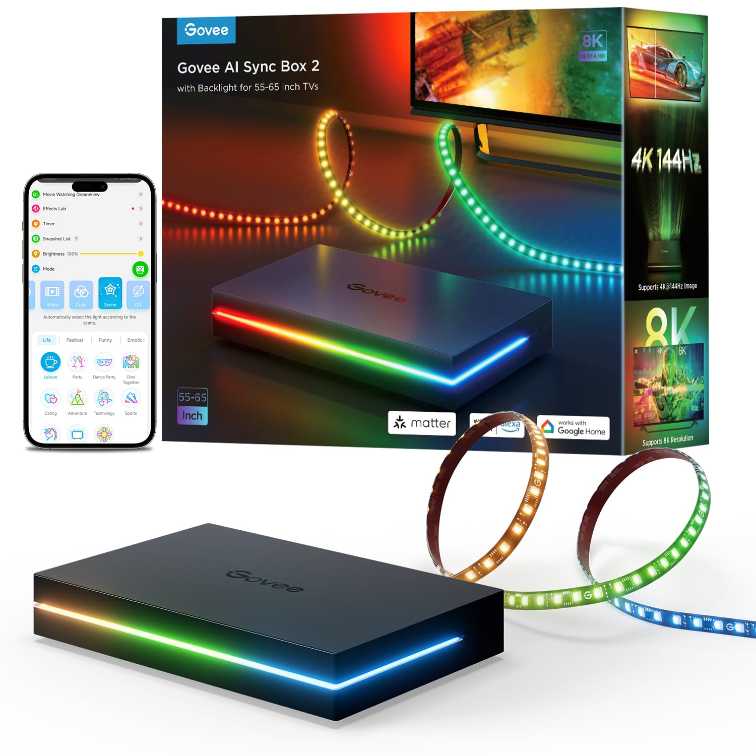 Govee HDMI 2.1 Sync Box Kit 2, AI Sync Box con Retroilluminazione TV, Supporta 8K@60Hz, 4K@144Hz, VRR e ALLM, Funziona con Matter, Striscia LED RGBIC per TV da 55-65 inch, 75 LED/m