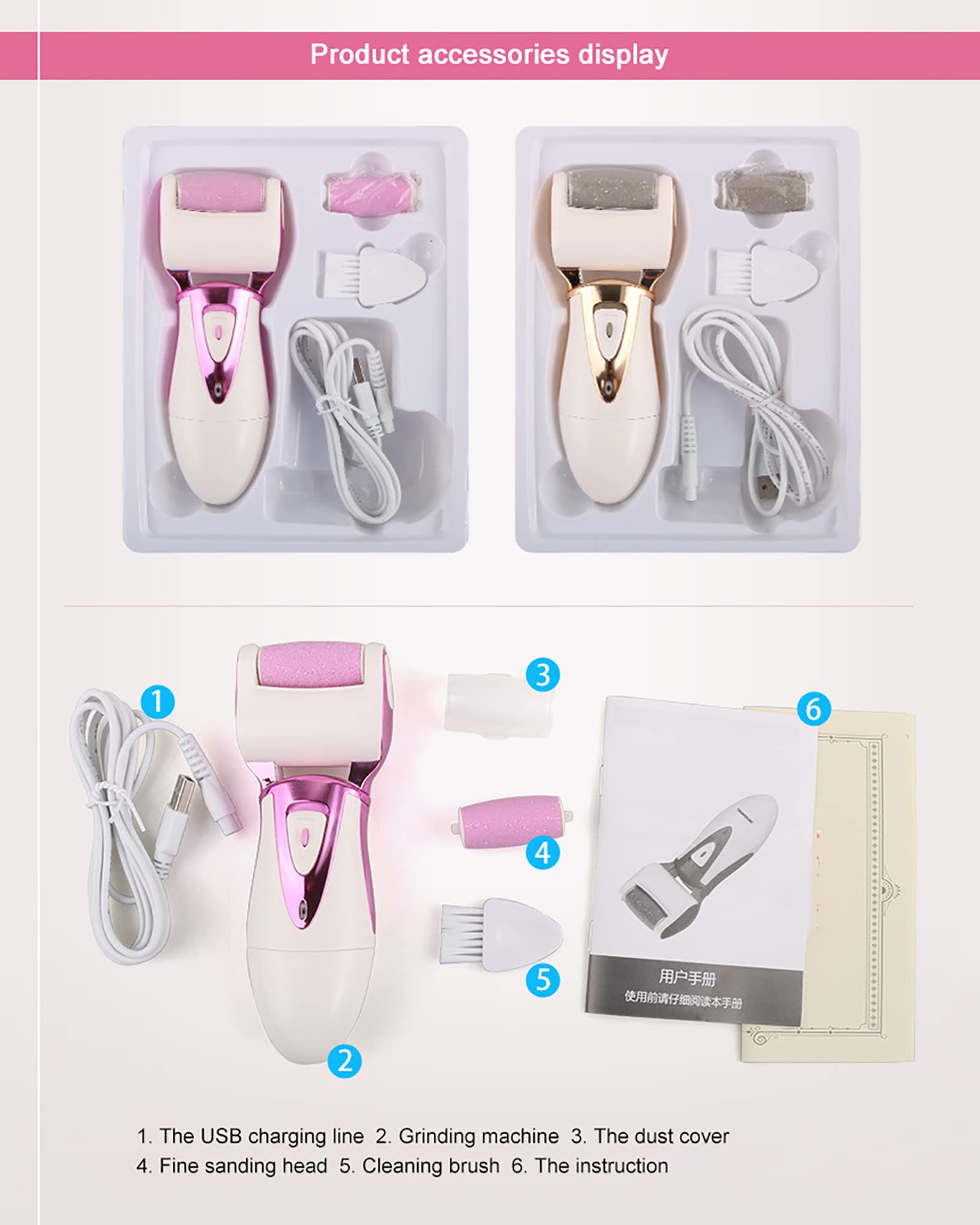 Lima eléctrica portátil para Quitar Callos de pies con 2 Rodillos y Herramienta para el Cuidado de los pies de Callos y pies agrietados, Rosa (Rosa)