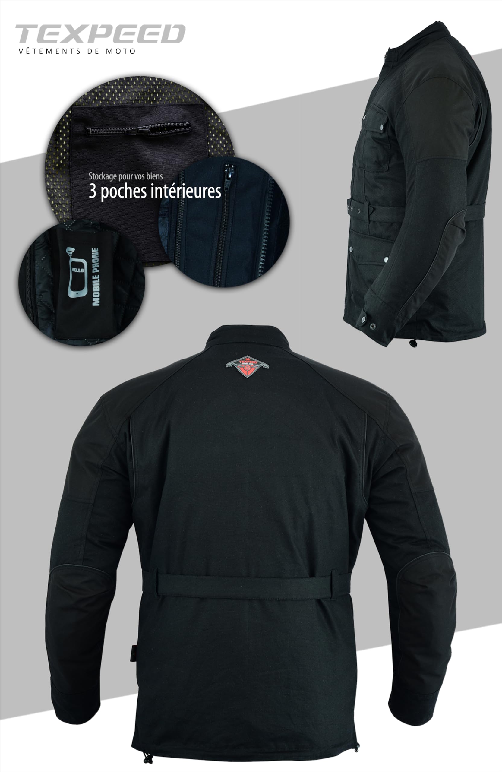 Texpeed Cirée imperméable veste homme homologué avec protection - Hiver longue blouson motard avec armure CE (EN 1621-1) Noir - L