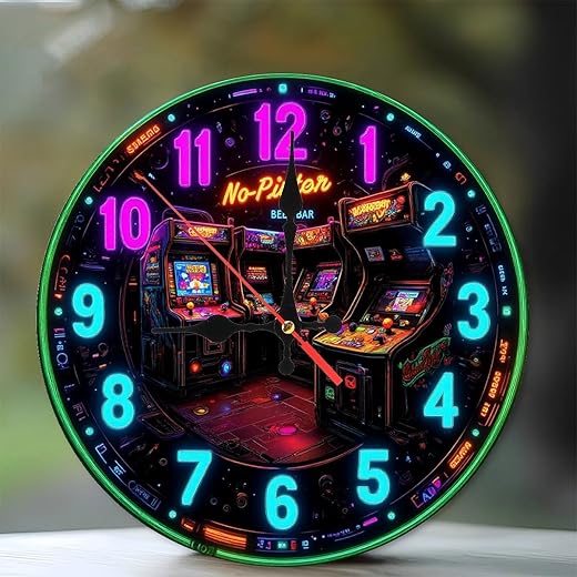 Lancholy Retro Arcade Clock Imitation neon Effect Sign Wall Art 10 Inch Wooden Wall Clock, Silent