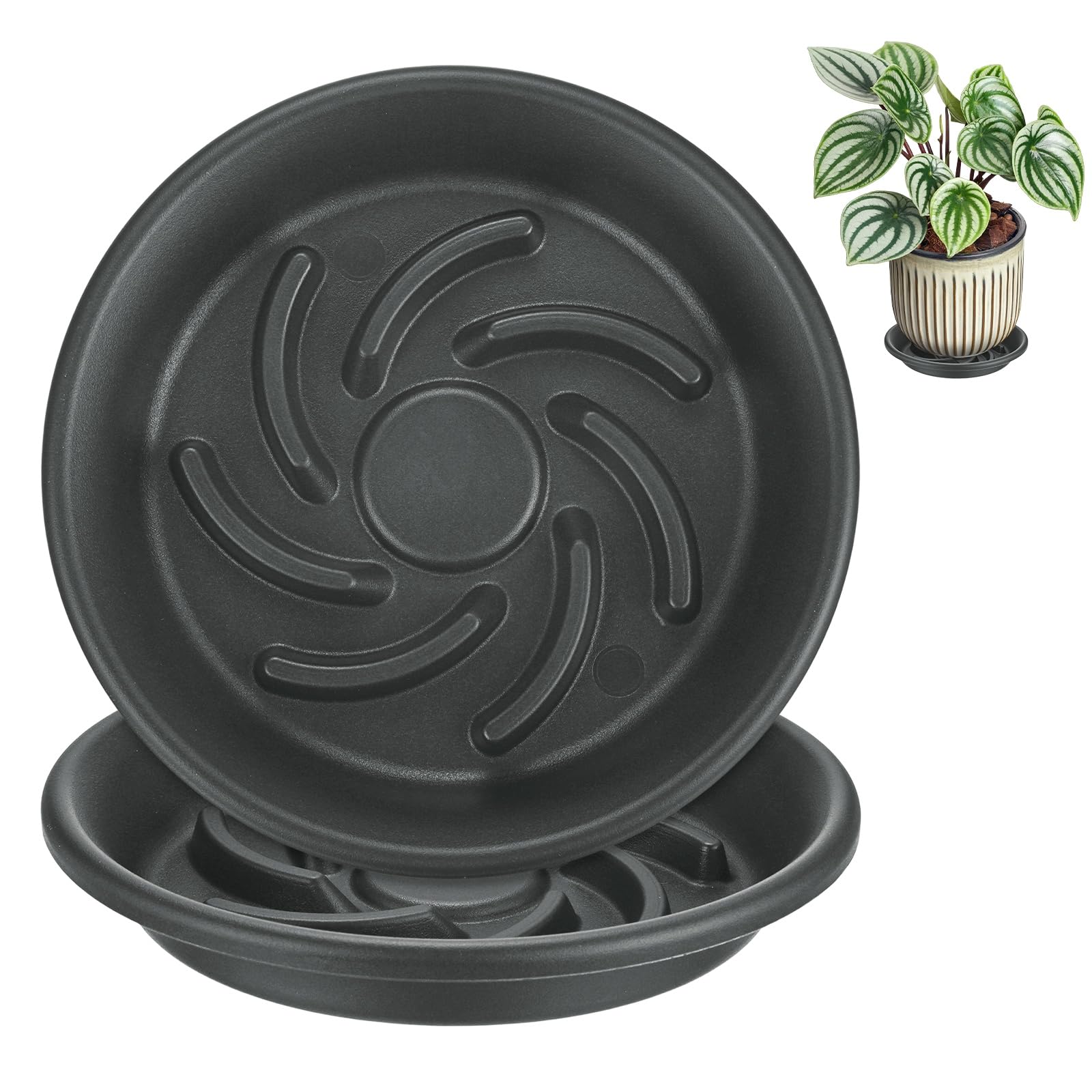 M METERXITY 2-Pack Plant Saucers, 5.5 Inch 14cm ID Anti-Rot Root Resin Flower Pot Plant Saucers for Indoor/Outdoor, Flowerpot Drip Tray [7.1 Inch OD, Gray Black] — image 1