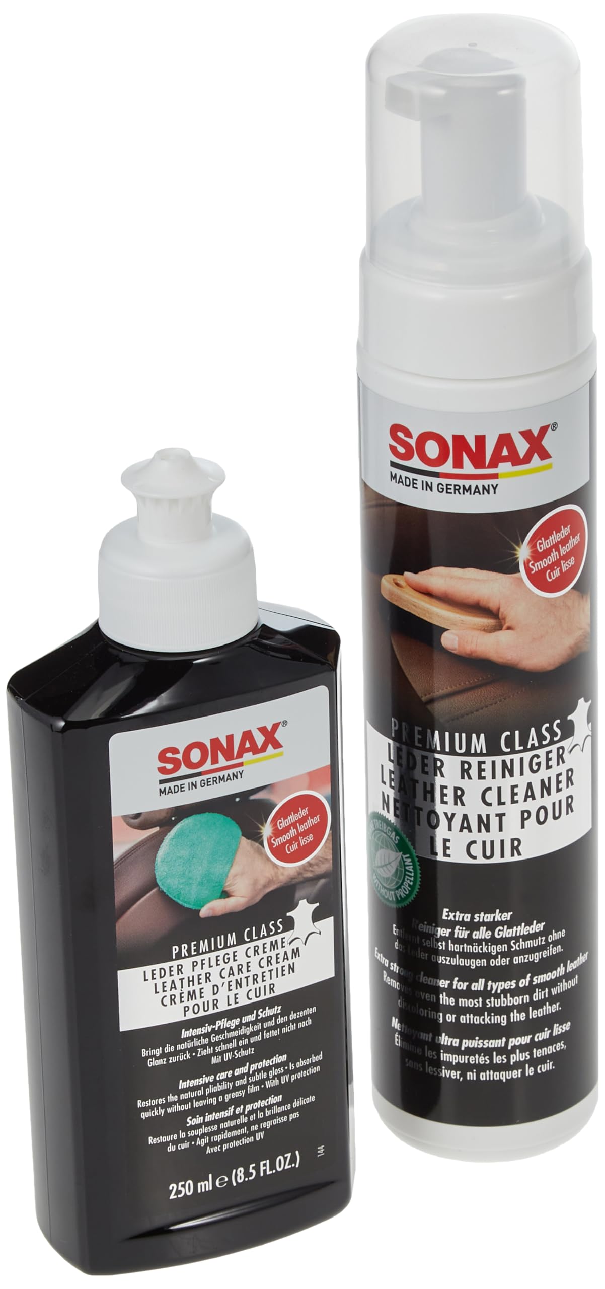 SONAX PREMIUM CLASS LederPflegeSet (3x 250 ml) & CockpitStar (750 ml) Cockpitreiniger reinigt und pflegt alle Kunststoffteile im Auto, antistatisch und staubabweisend/Art-Nr. 02494000