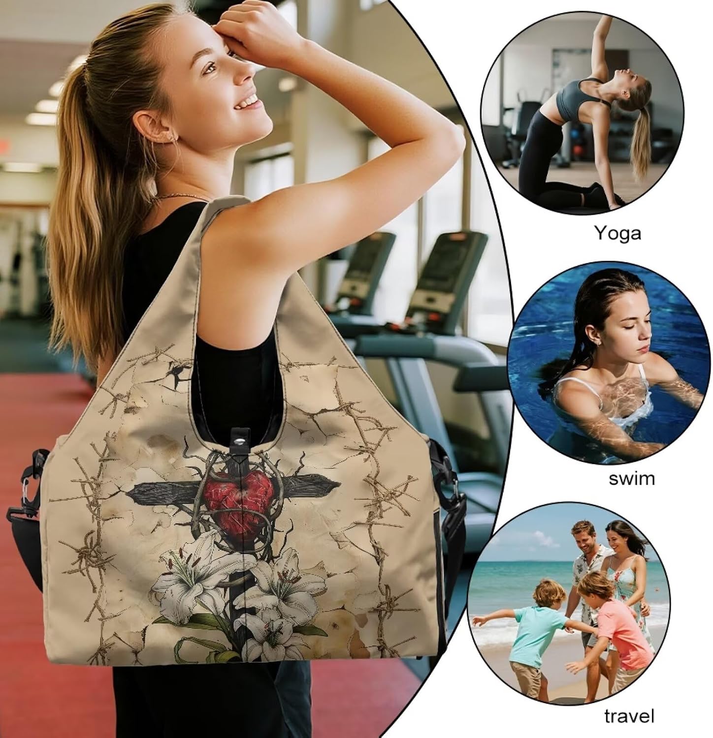 Goth Rose Bat Yoga Gym Bags for Women with Yoga Mat Holder Crow Skull Shoes Compartment Tote Handbag for Travel