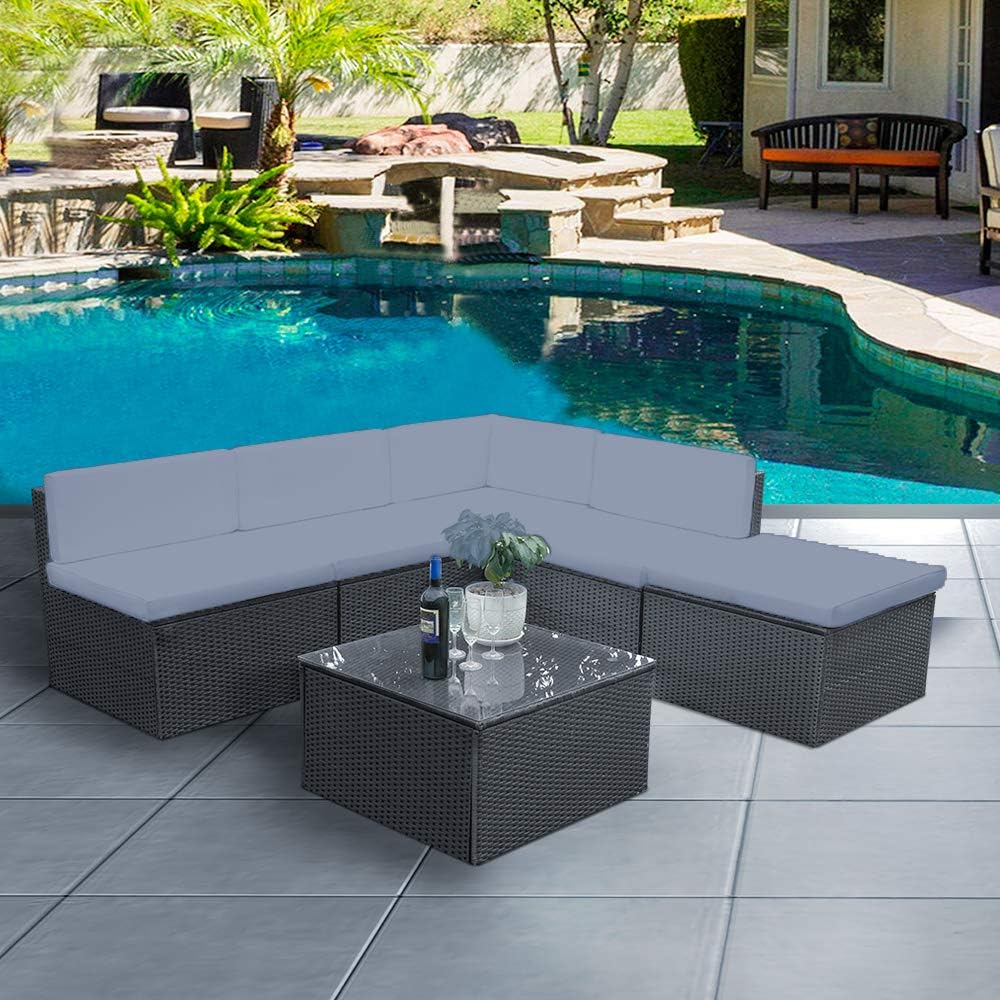 Tuff Concept Garden Sofa 5 Seater Poly Rattan Set Lounge Outdoor Furniture Table Conservatory Wicker Set (Black Wicker + Dark Grey Cushions)