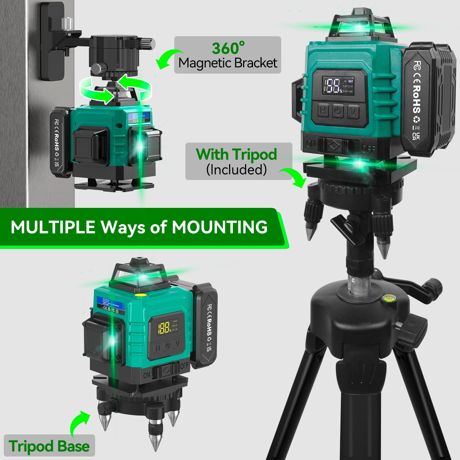 4 x 360° Laser a Linee Incrociate con Treppiede - Laser 4D Multifunzionale con 16 Linee,Macchina Autolivellante, Dispositivo di Livellamento con 3600 mAh Batteria,per Cantieri,Interni