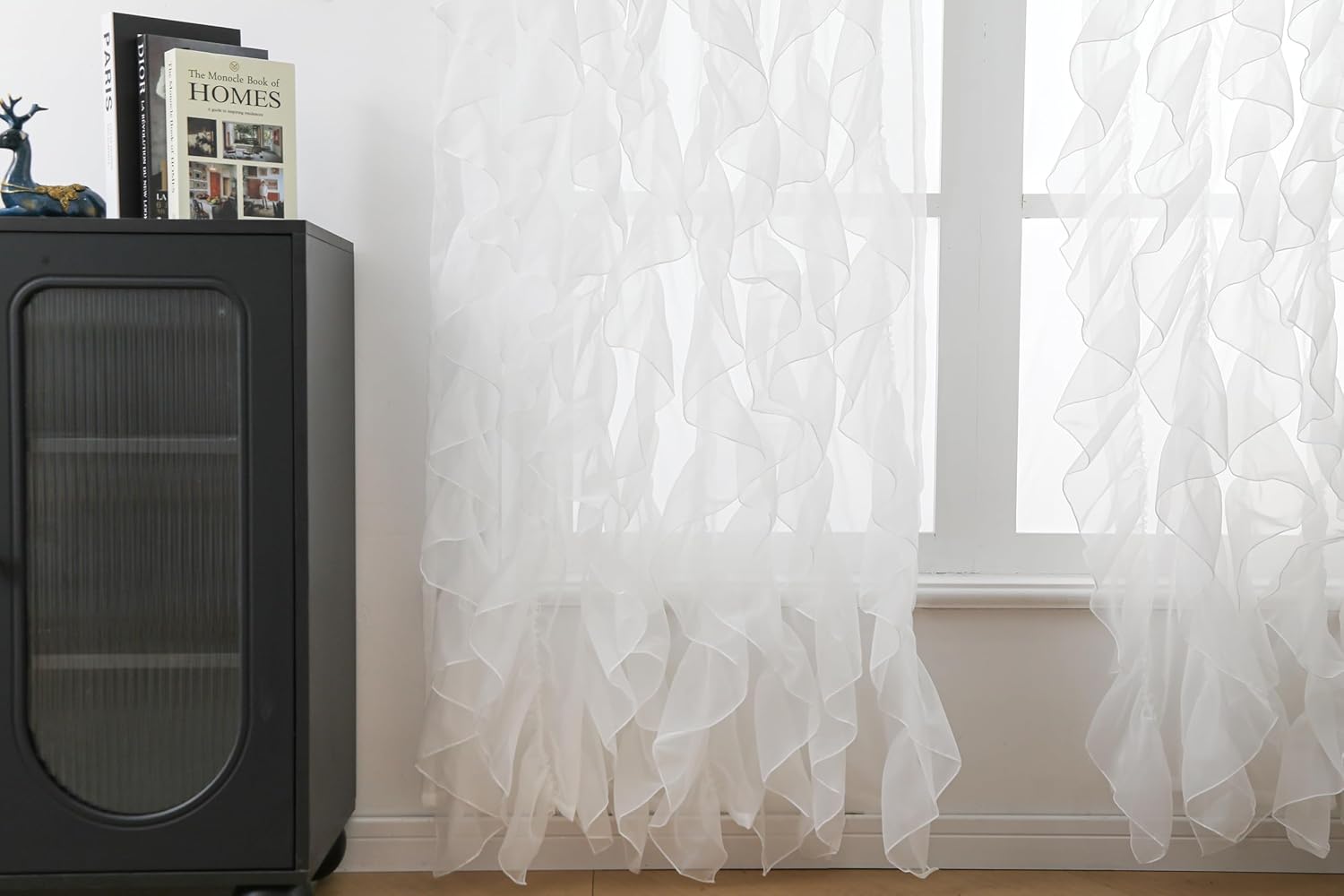 SQFSORV PLEGOS Cascade Farmhouse Shabby Chic Sheer Voile Vertical Ruffled Waterfall Window for Bedroom Living Room Curtain Panel 2 Panels (White, 50"×95")