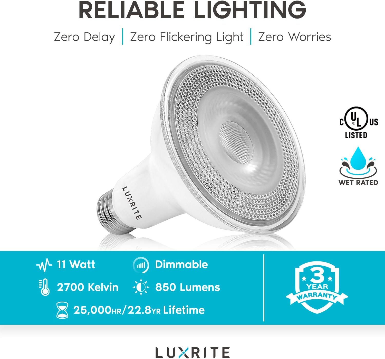 LUXRITE 6 Pack LED PAR30 Flood Light Bulb, 75W Equivalent, 2700K Warm White, 850 Lumens, 11W Dimmable, Indoor Outdoor Spotlight Bulb, Wet Rated, E26 Standard Base, UL Listed