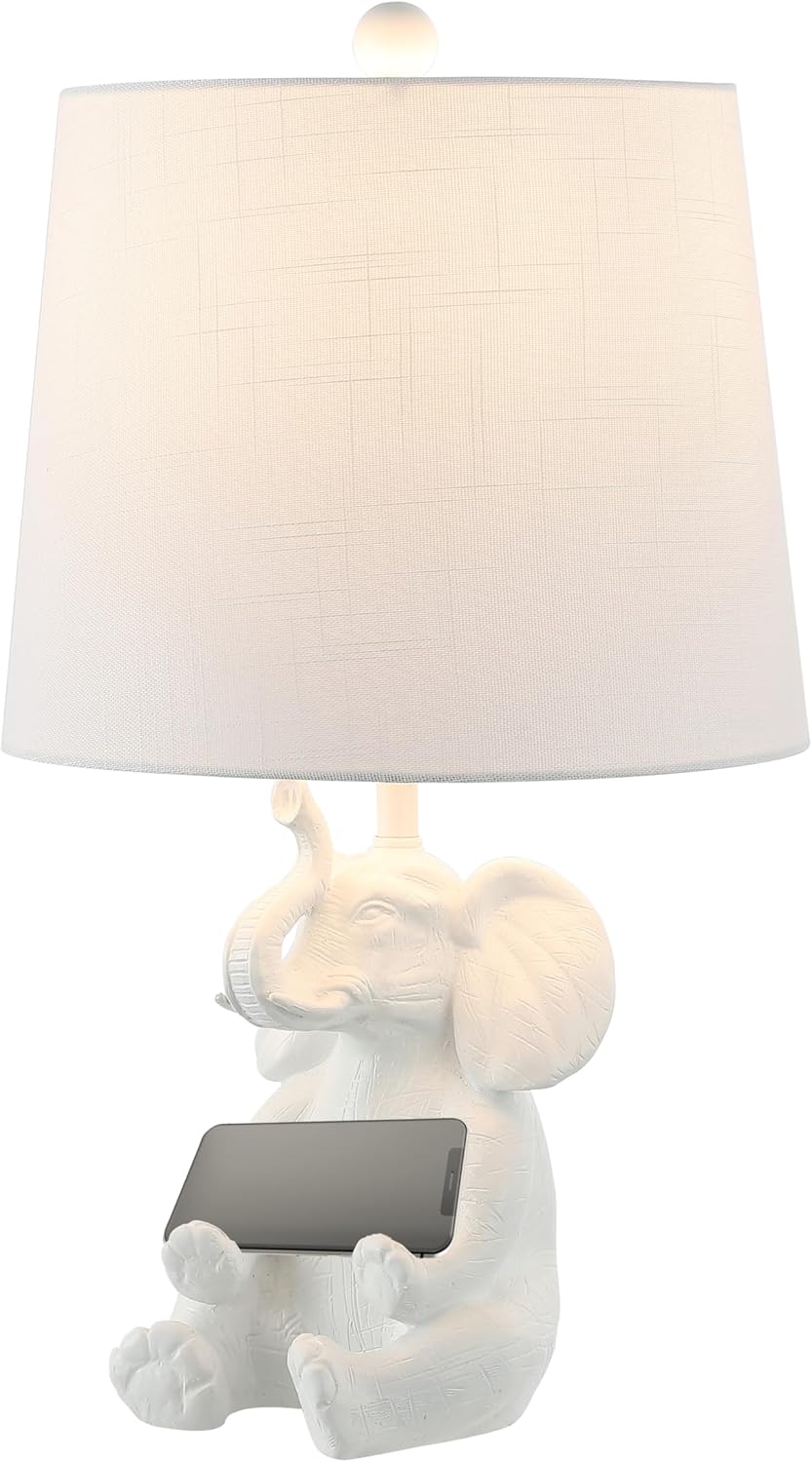 JONATHAN Y 21" White Happy Elephant Kids Table Lamp with Phone Stand, Modern Animal Desk Lamp for Nursery Bedroom Playroom Decor, Linen Shade, LED Bulb Included JYL4060A