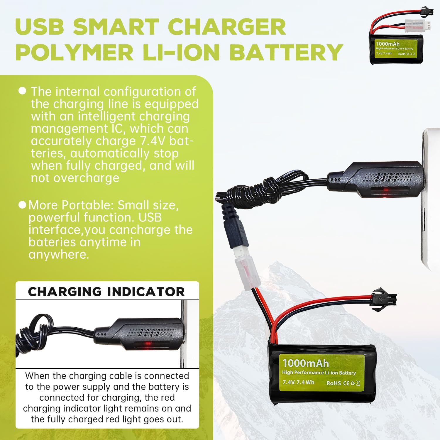 2 Batteries Li-ion 7.4V 1000mAh + Chargeur 2-en-1 Pour Voitures RC WPL