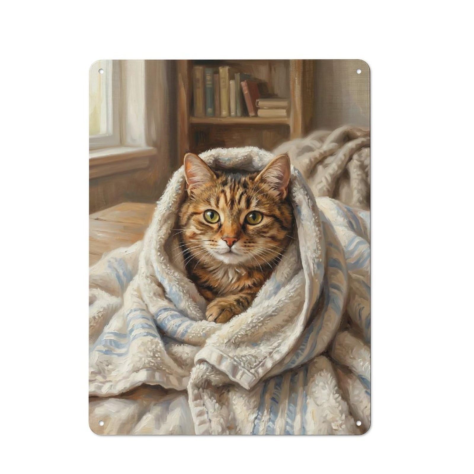 Junmoney Style-13 For Lounge Or Reading Corner, Cozy Cat Wrapped In Blanket Vintage Metal Sign 40X30cm, For Collectors Decorating Lounges And Reading Corners