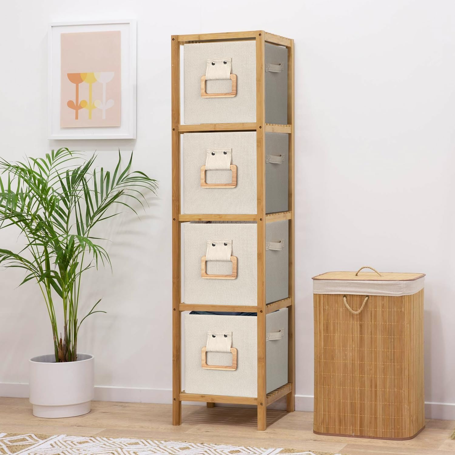 Collapsible Fabric Storage Cubes Organizer with Wood Handle, Cube Storage Bins Foldable Baskets for Organizing Home Office Closet Clothes Books, 13x13x13 Inch, 4 Pack, Beige