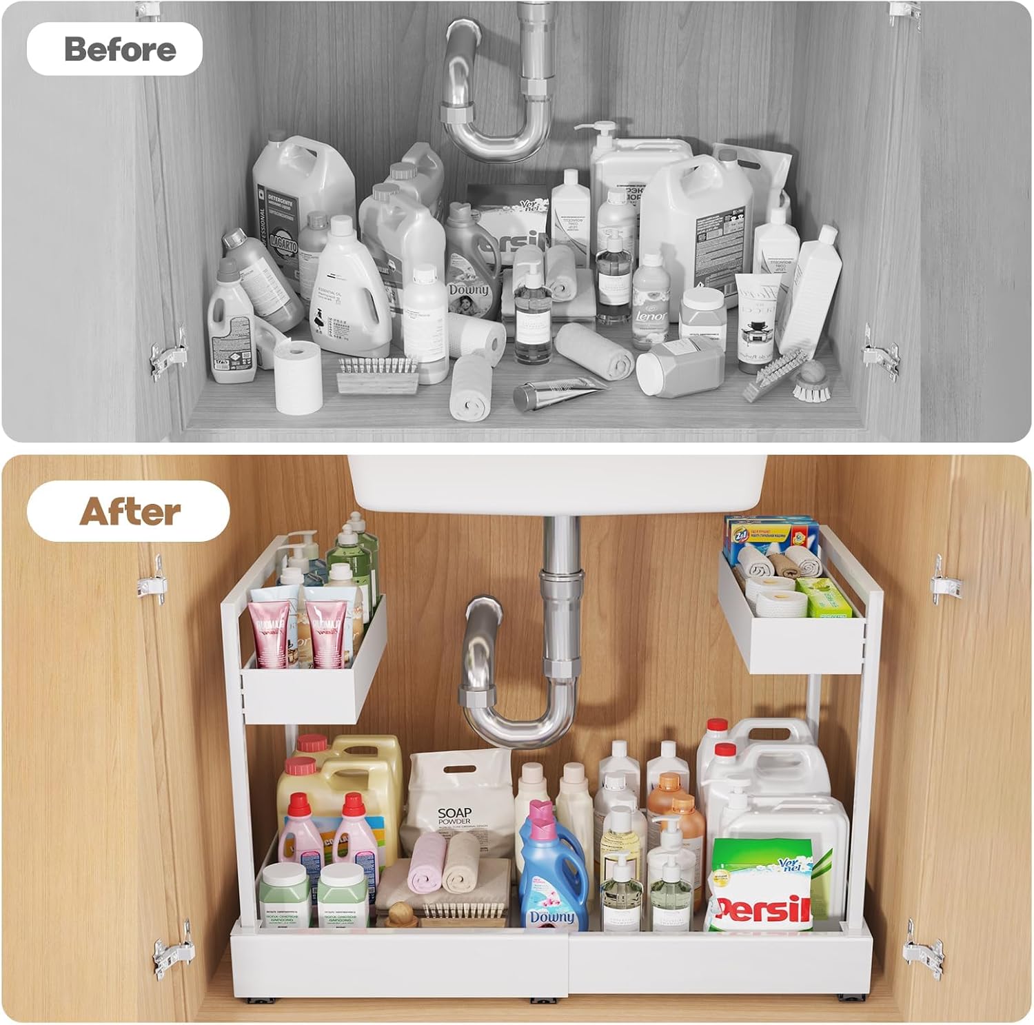 Expandable Under Sink Organizer with 3 Ball-Bearing Slide Rails, 2-Tier Pull-Out Under Cabinet Storage Shelf for Kitchen & Bathroom, Height-Adjustable Slide-Out Cabinet Drawer （White, 1-Pack） - Image 4