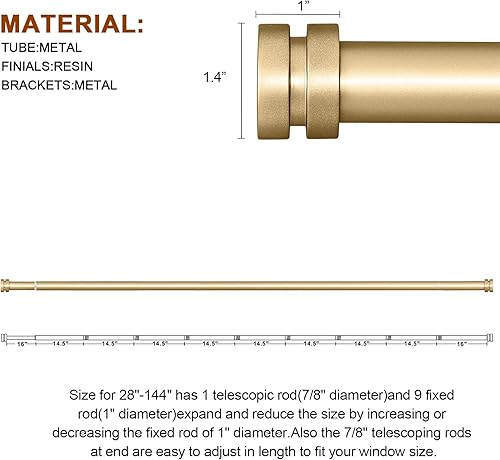 Miniatura 8 de Barras de cortina doradas para ventanas de 72 a 144 pulgadas, modernas barras de cortina resistentes de 1 pulgada con remates simples de tapa de