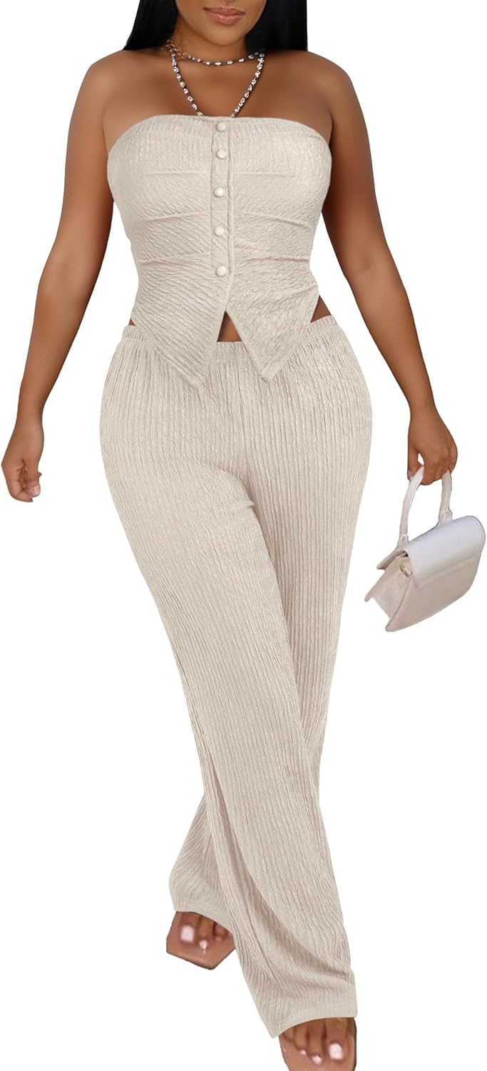 LovelyWholesale Womens 2 Piece Outfits Summer Sexy Textured Tube Top and High Waist Wide Leg Pants Matching Set - Image 3