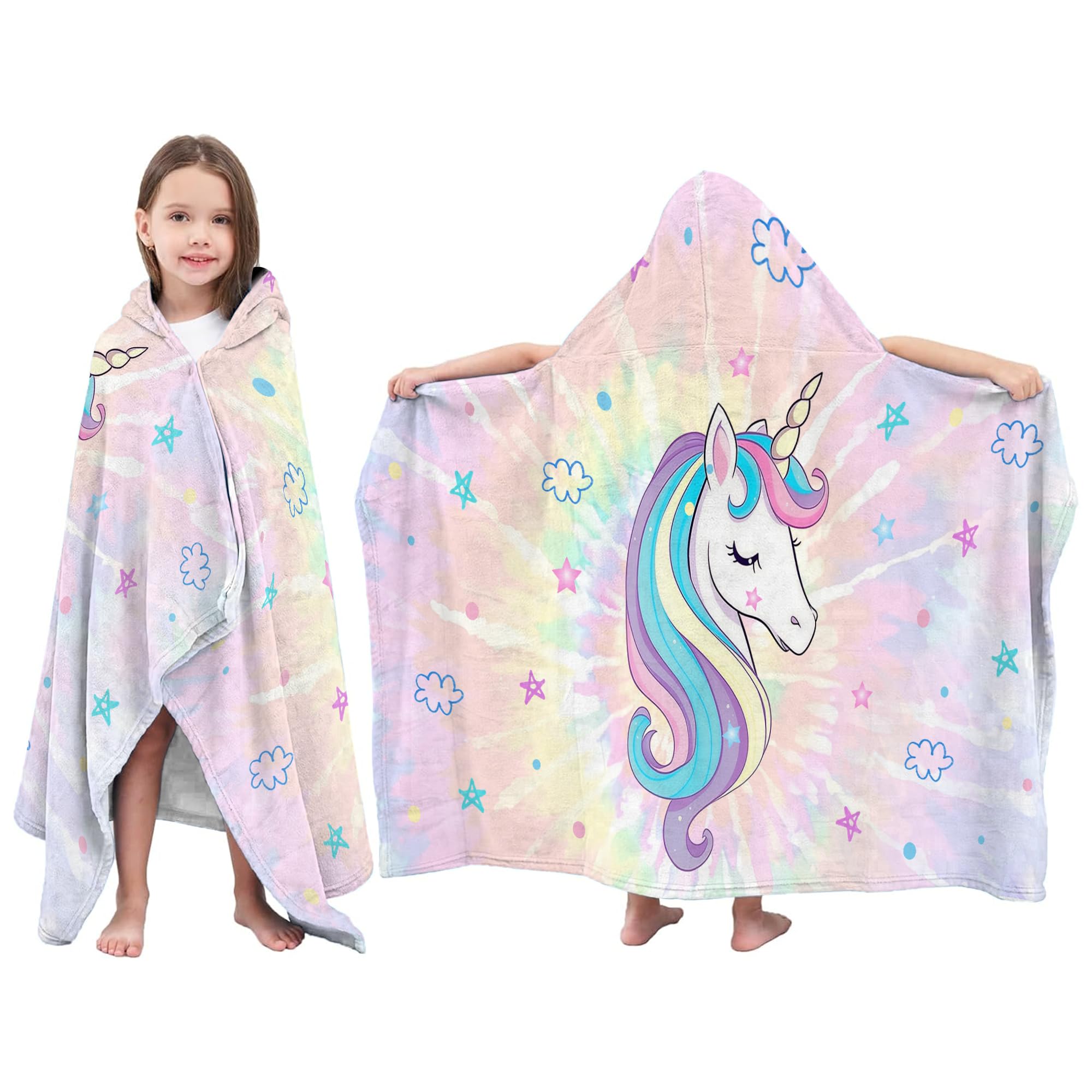 Toallas de baño con capucha de unicornio para niños, toalla ligera con capucha de secado rápido de 30 x 50 pulgadas, toallas de baño de teñido anudado para playa, alberca, viajes