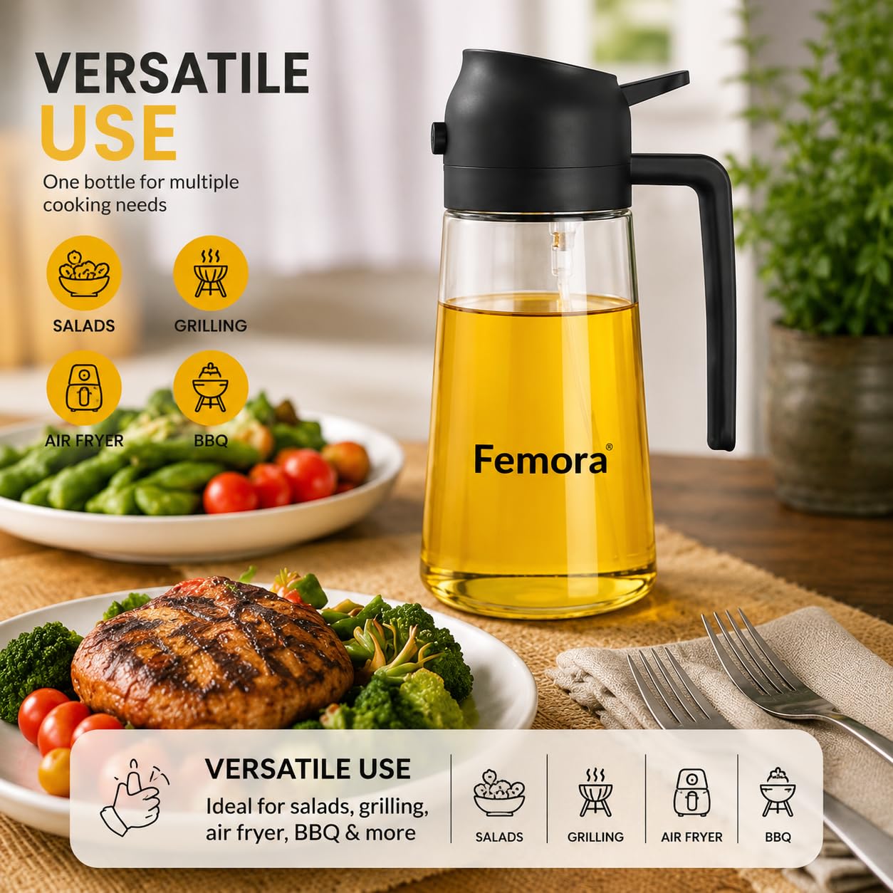 Femora Oil Dispenser | Glass Oil Bottle | 1 Year Warranty | Cooking Oil Dispenser 550ml Pack of 1 Oil Bottle, Transparent 2