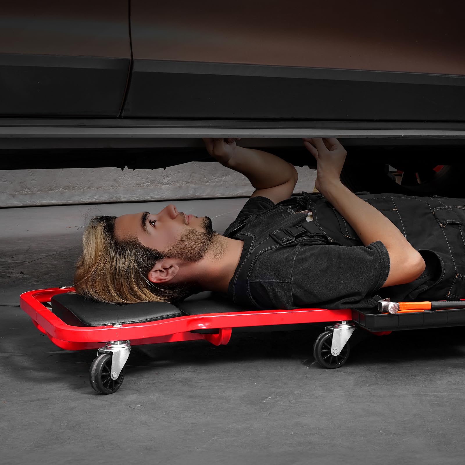 VEVOR Camilla Mecánica para Garaje, Carga 136,1 kg, Camilla Rodante Automotriz con 6 Ruedas, Reposacabezas Acolchado Ajustable, para Garajes, Talleres de Reparación y Bricolaje, 1095 x 555 x 220 mm