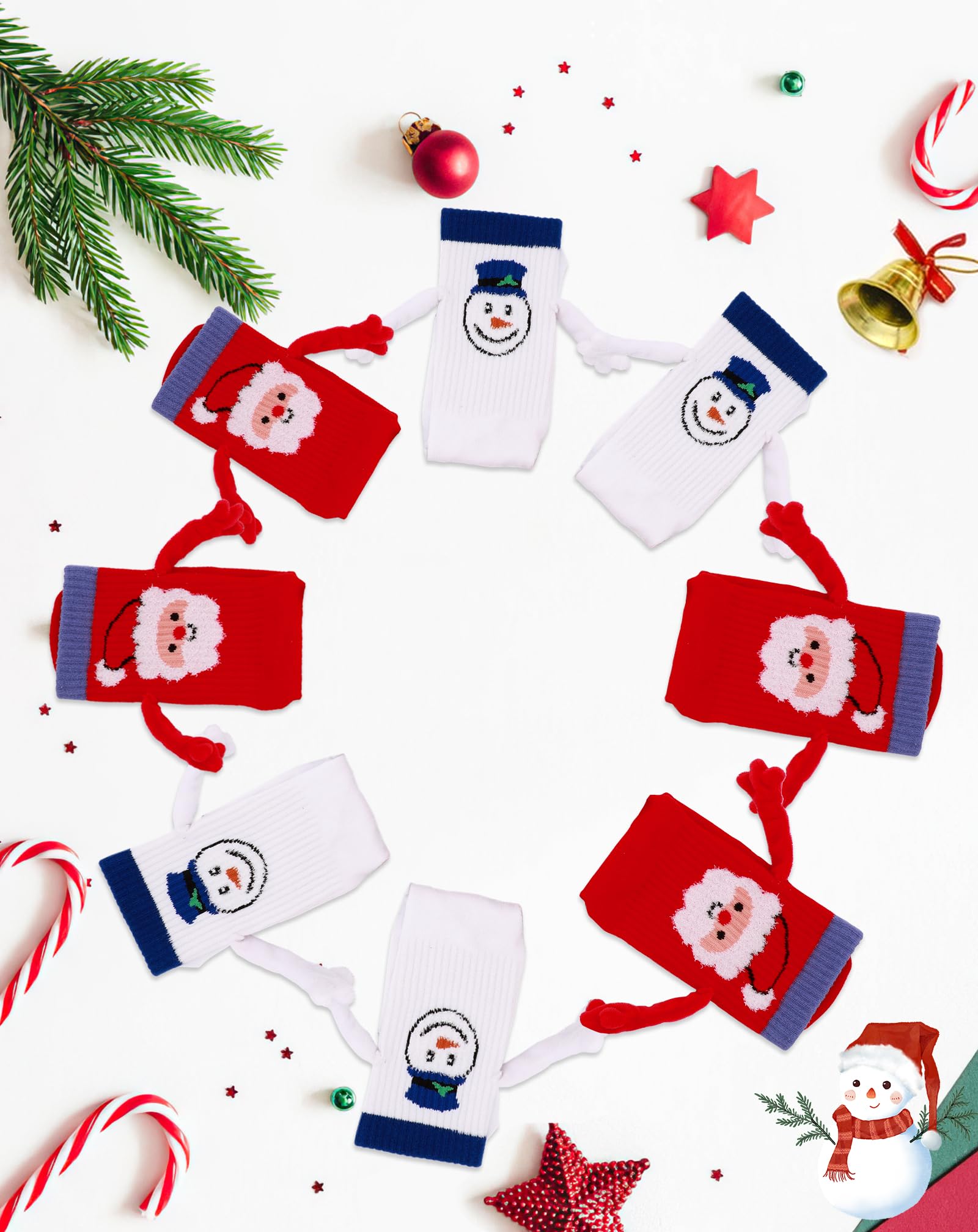 Lot de 4 paires de chaussettes de Noël amusantes tenant les mains, magnétiques pour homme et femme, chaussettes de vacances folles avec imprimé de Noël, chaussettes de Noël fantaisies pour couple