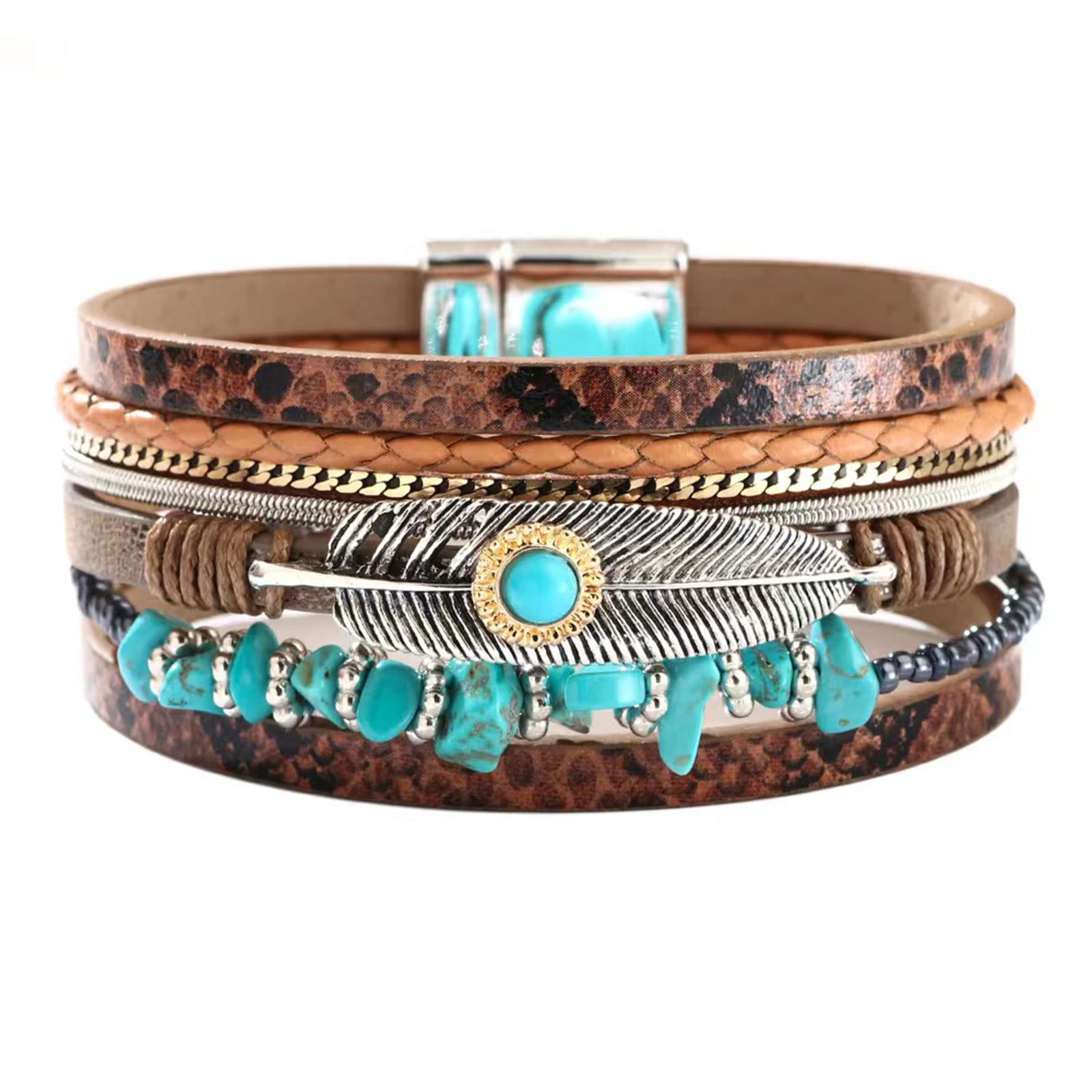 Jewelry Leather Wrap Bracelets for Women Feather Handmade Braided Boho Multilayer Magnetic Buckle Bracelet Wristband Cuff Bangle Birthday Gifts