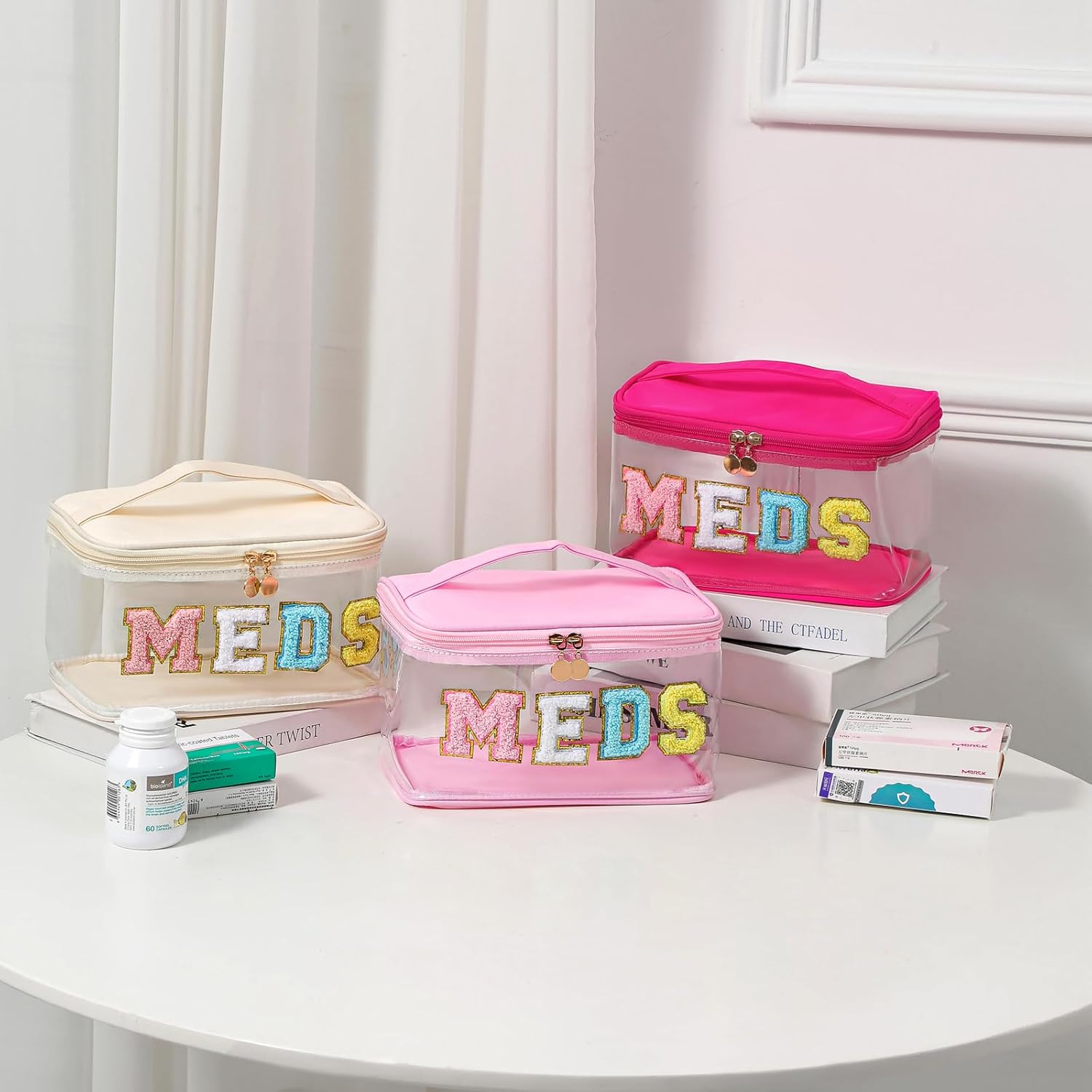 Chenille Letter Clear Medicine Makeup Bag, Large Size Waterproof Nylon Cosmetic Toiletry Storage bag with Top Handle, Transparent Meds First Aid Travel Organizer Cosmetic Bag(02Light Pink) - Image 5