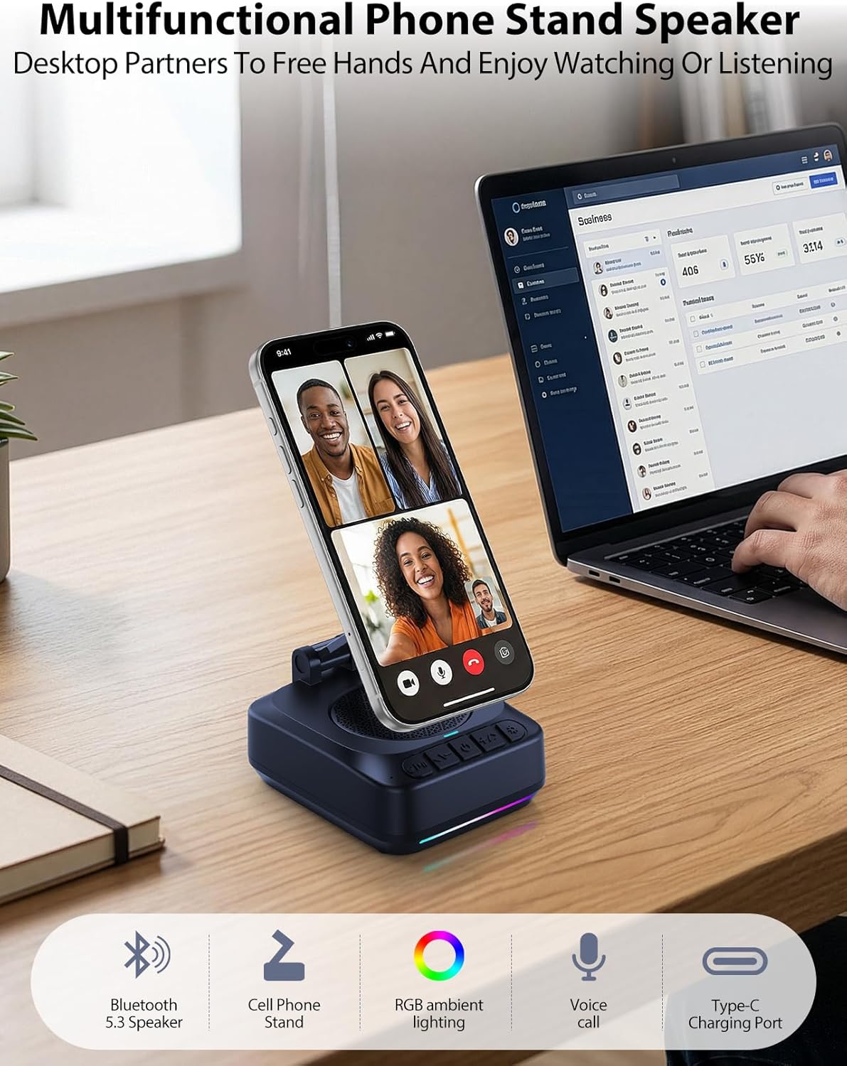 GBEAST Phone Stand With Bluetooth Speaker, Adjustable Cell Phone Holder For Magsafe, Stereo Sound Bluetooth Speaker With RGB, Built-In Mic For iPhone/Android/Samsung Galaxy, Gifts for Men Women (Blue)