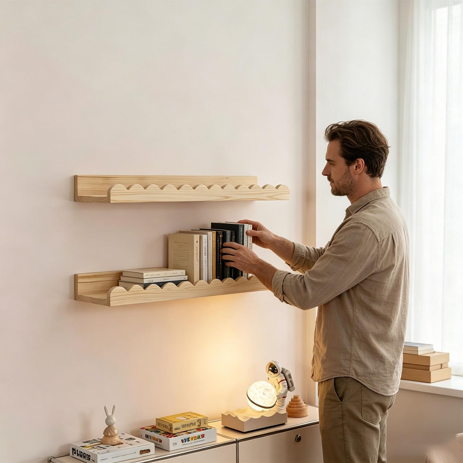 Mensola da parete curva in legno per la stanza dei bambini, per organizzare libri e oggetti con bordi arrotondati, sicura mensola per bambini