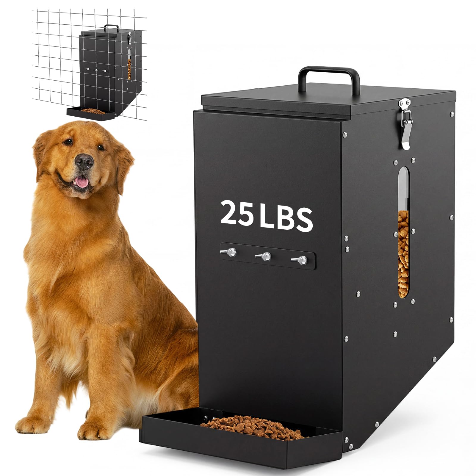 Shimeyao Comedero automático para perros de 25 libras, dispensador de comida de metal grande para perros, estación de alimentación por gravedad para razas pequeñas, medianas y grandes, pollo, hurón