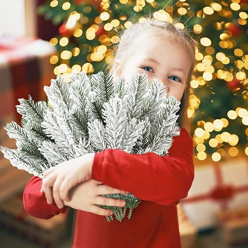 Miniatura 6 de 16 púas de pino artificial flocado de 11.4 pulgadas, ramas de pino artificial de bosque de nieve, ramas de árbol de vegetación falsas, hojas de