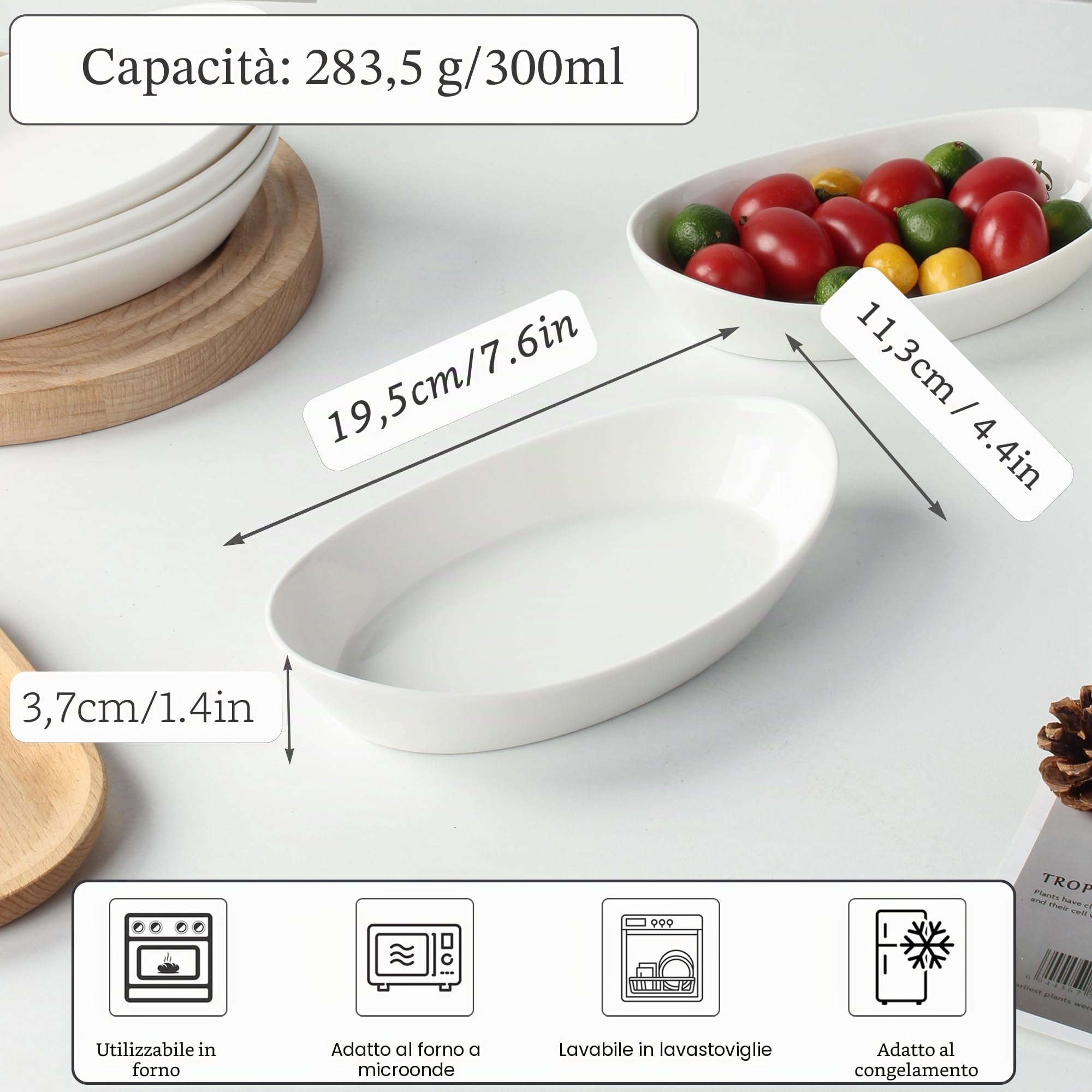Set di 4 Piatti da Forno in Ceramica, 300ML, 19.5 x 11.3 x 3.7cm, Pirofile da Forno in Ceramica Ovali, Ciotole in Porcellana per Creme Brûlée, Pirofila in Porcellana per Lasagne Torta Casseruola Tapas