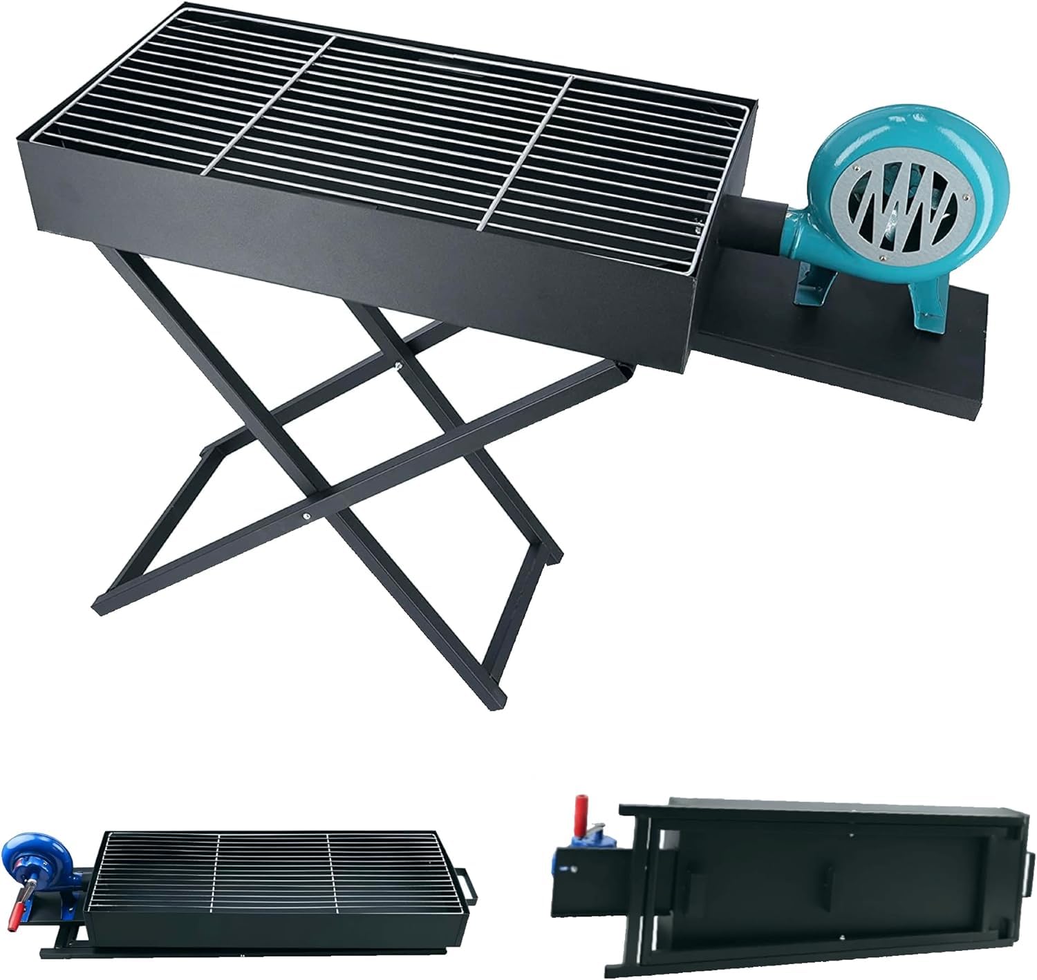 HEXAR® Heavy Duty Barbeque Grill with Blower Fan - BBQ Grill X Shape Stand Grill with Hand Fan Blower Foldable Barbecue Charcoal Grill for Outdoor Camping, Durable Iron Large Size (60x30 CM)