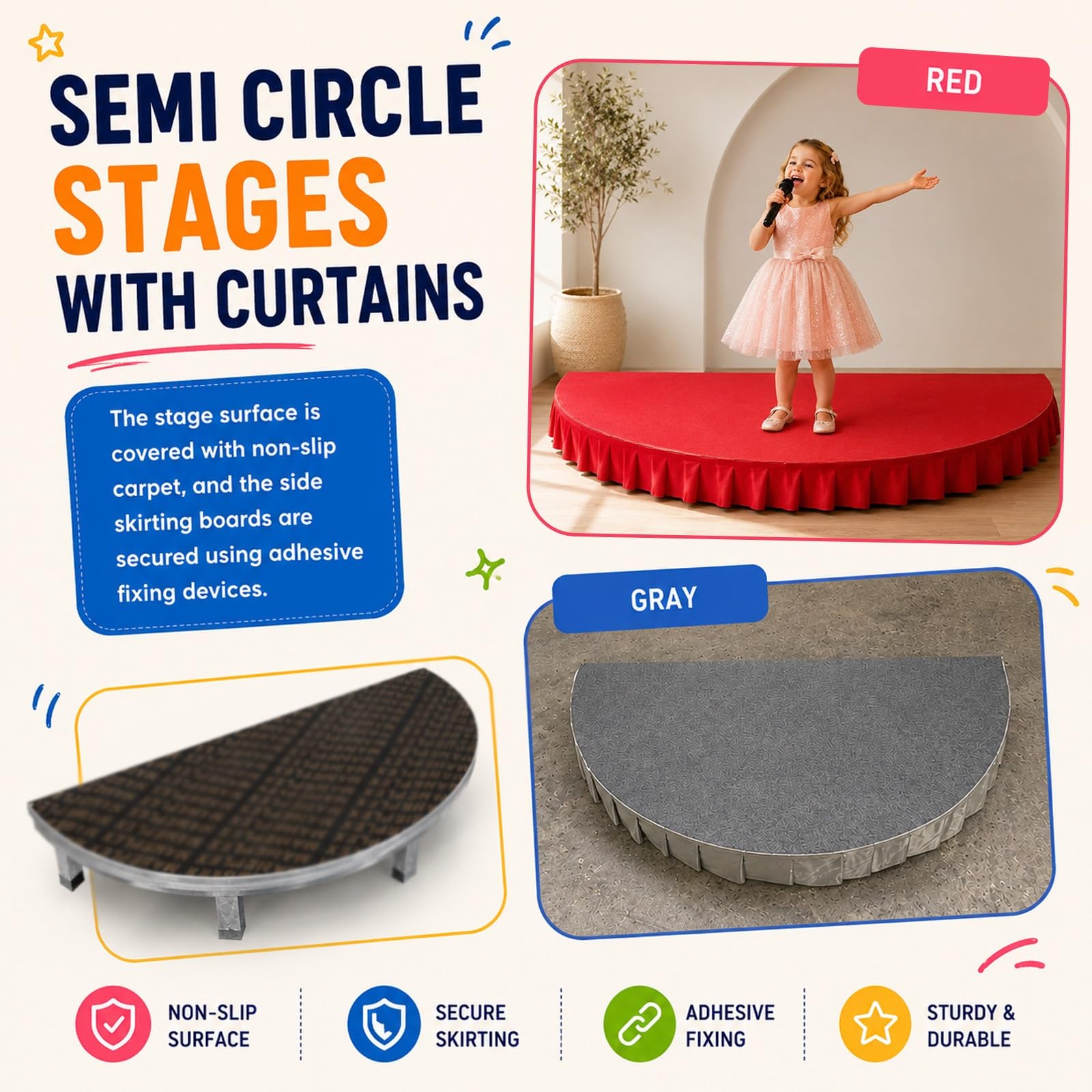 Palco portatile per bambini, include grembiule da palcoscenico, elevata capacità di carico, ideale per ospitare discorsi in pubblico e canti(Red A,100x100cm)