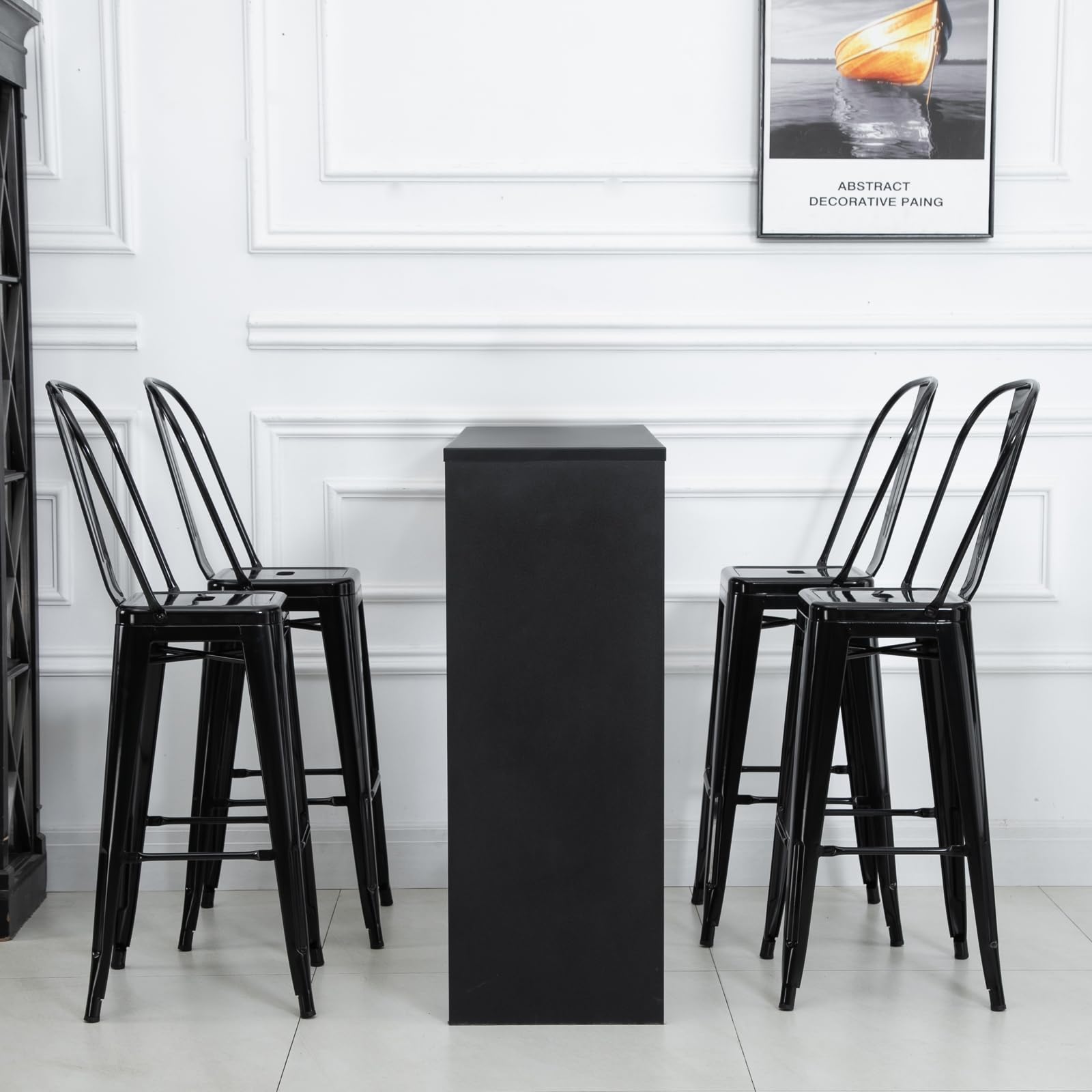 HOMCOM Juego de 4 Taburetes de Bar con Respaldo Alto 44x46x116 cm Negro | Silla de Comedor de Metal, con Reposapiés, para Comedor, Carga 120 kg