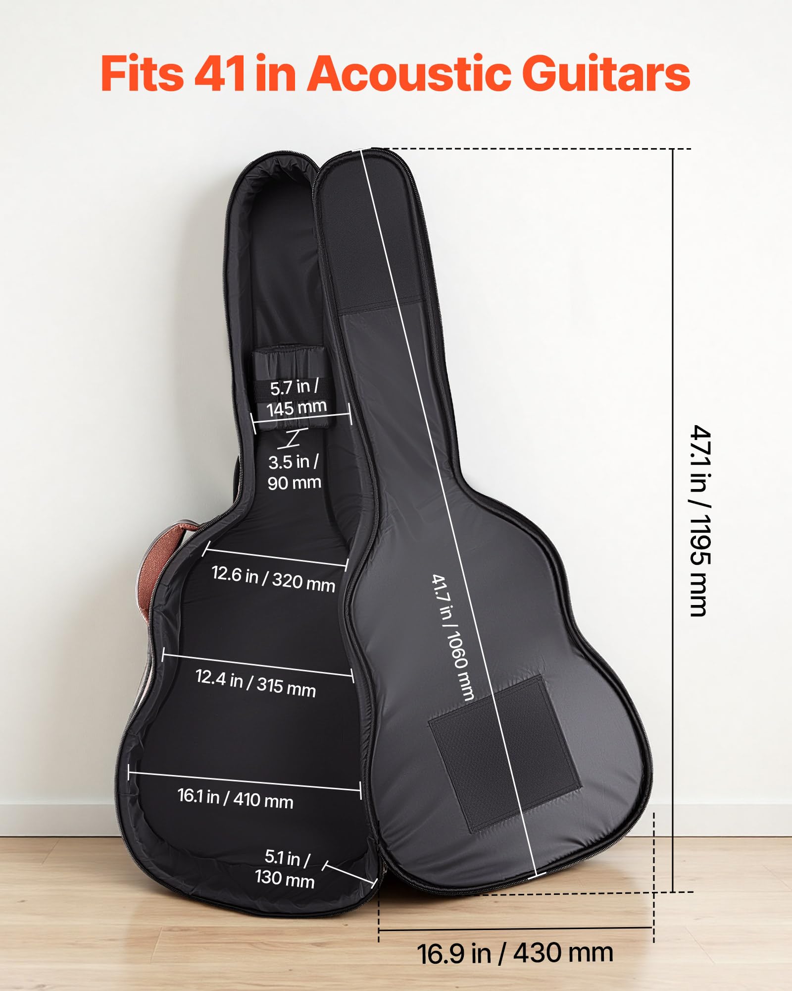 VEVOR Funda para Guitarra Acústica de 41 Pulgadas 104,1 cm Marrón con Asa, con Acolchado de Espuma, Compartimento Externo para Accesorios y Correas para Hombro, Funda de Cuero Sintético de 119,5 cm