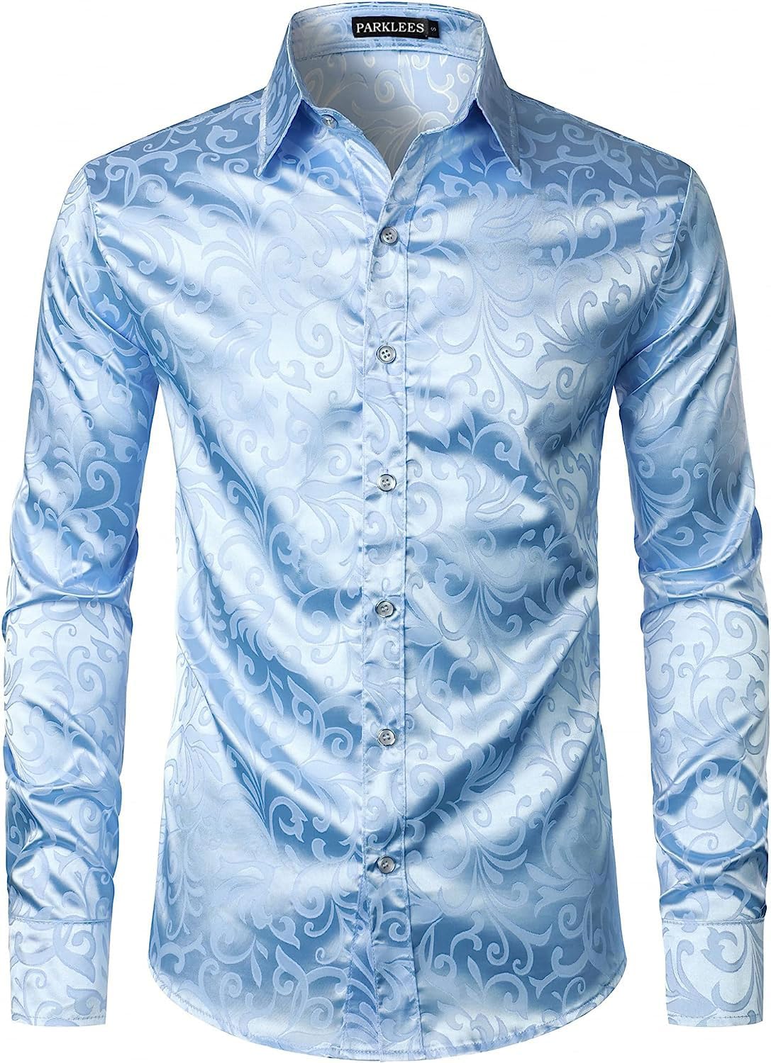 PARKLEES Camicia da uomo a maniche lunghe in jacquard di lusso, vestibilità aderente, in raso, con stampa floreale, per feste di nozze e balli