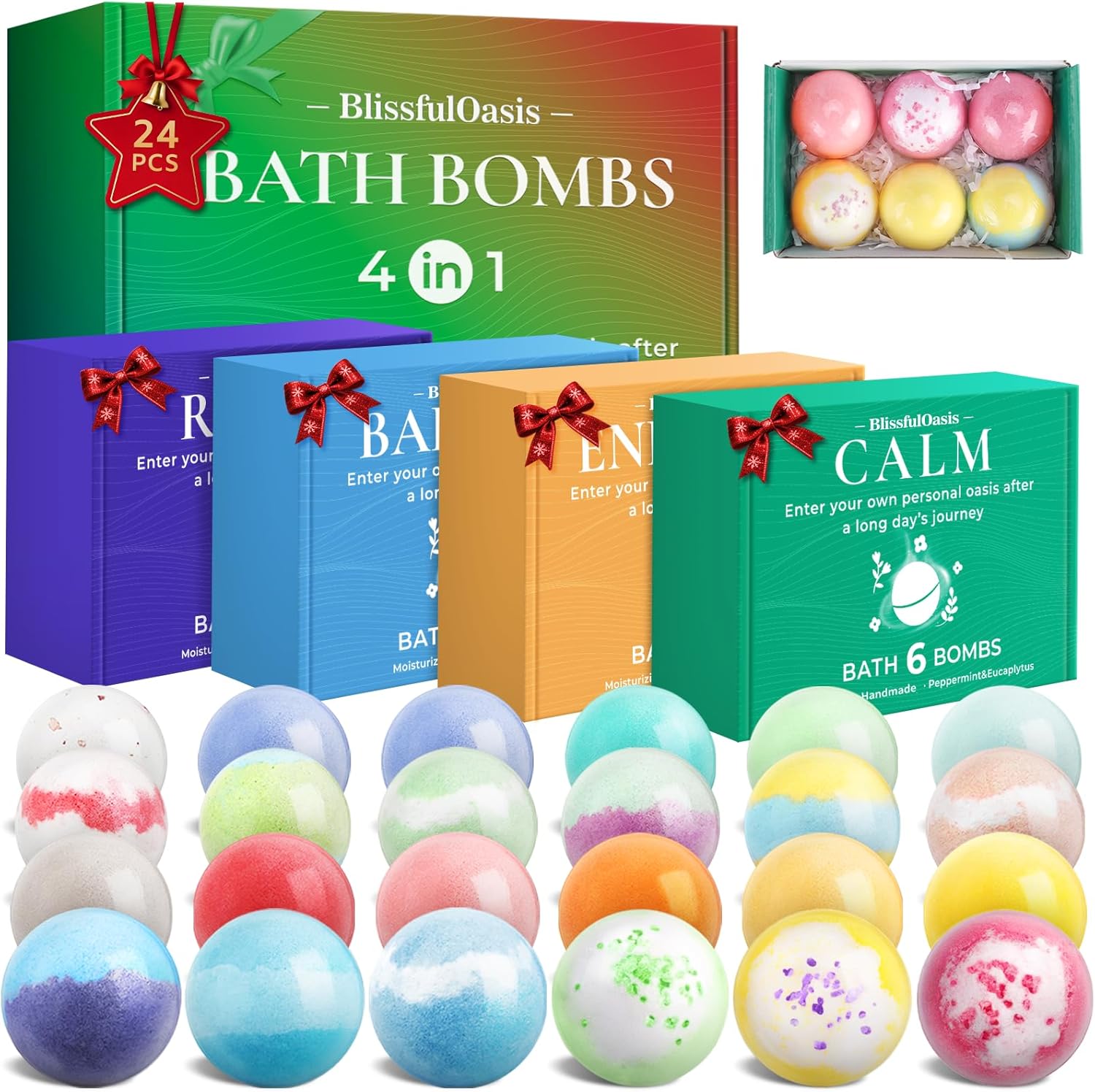 BlissfulOasis 24 Bath Bombs Gift Set - 6 Refreshing Scents for Moisturizing Relaxation, Ideal Women's Present for Birthdays & Holidays