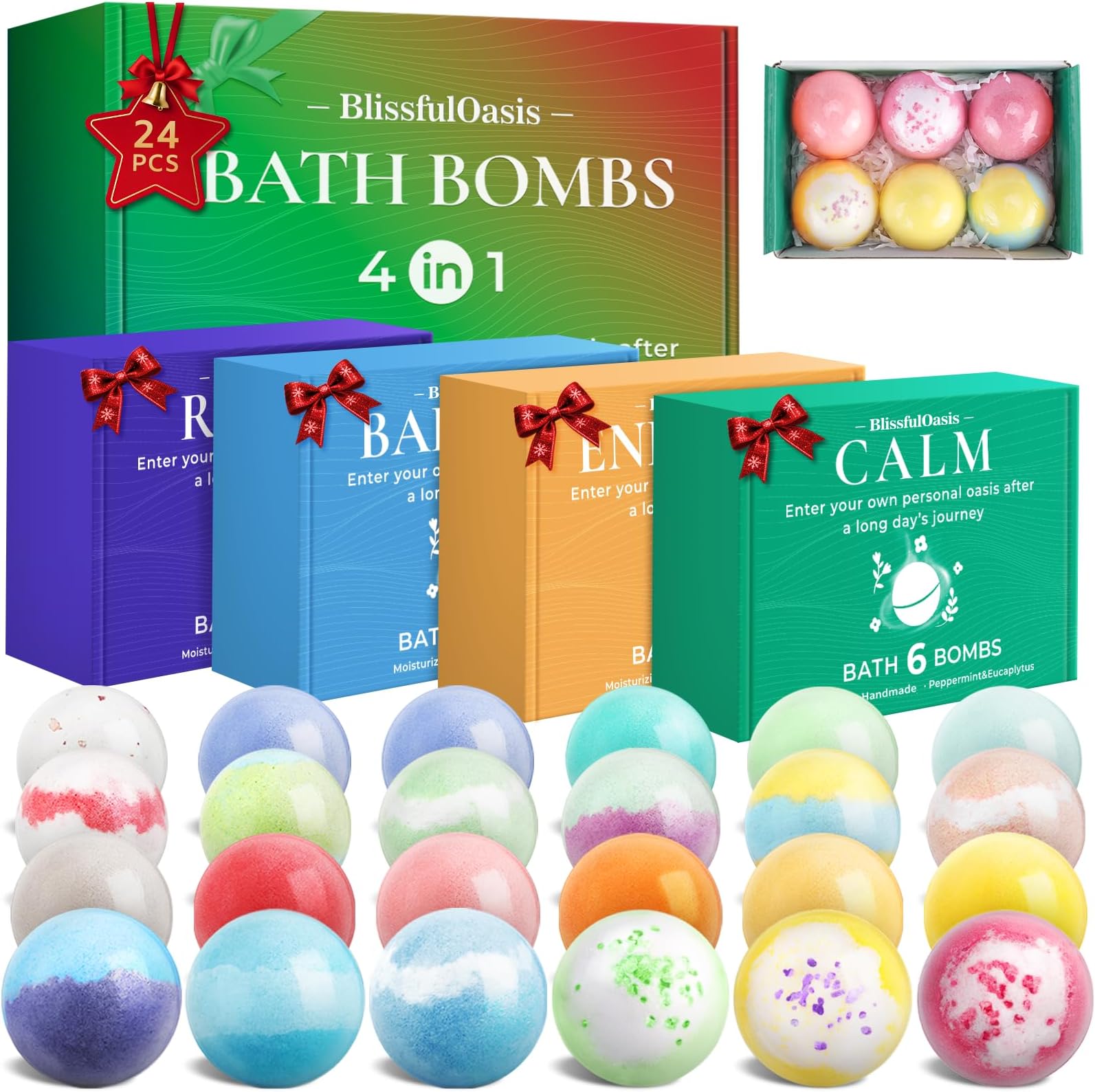 BlissfulOasis Bath Bombs Set, 24 Pcs Shower Bombs with 6 Refreshing Scents, Perfect for Moisturizing & Relaxing, Ideal for Birthday, Mother's Day, Valentine's Day Present Giving, Presents for Women